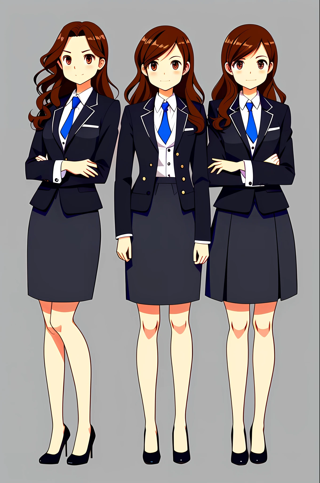 perfect anime illustration, brown hair, wavy hair, hazel eyes, 1girl, blue skirt suit, black high heels, businesswoman, highres, full body, twins, identical sisters, matching outfits, matching hairstyles, matching faces