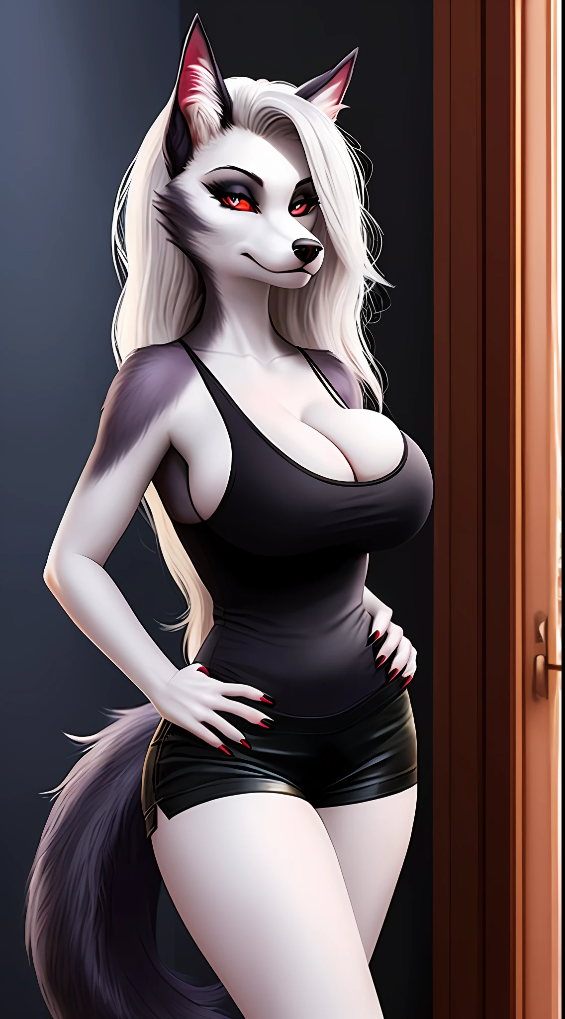 uploaded on e621, nsfw, raw photo, realistic, anthro, detailed face, detailed fur, snout, helluva boss, loona hellhound, loona, big breasts, cleavage, tight tanktop, ((breast squish)), leaning down, hands on hips, thick waist, huge rear