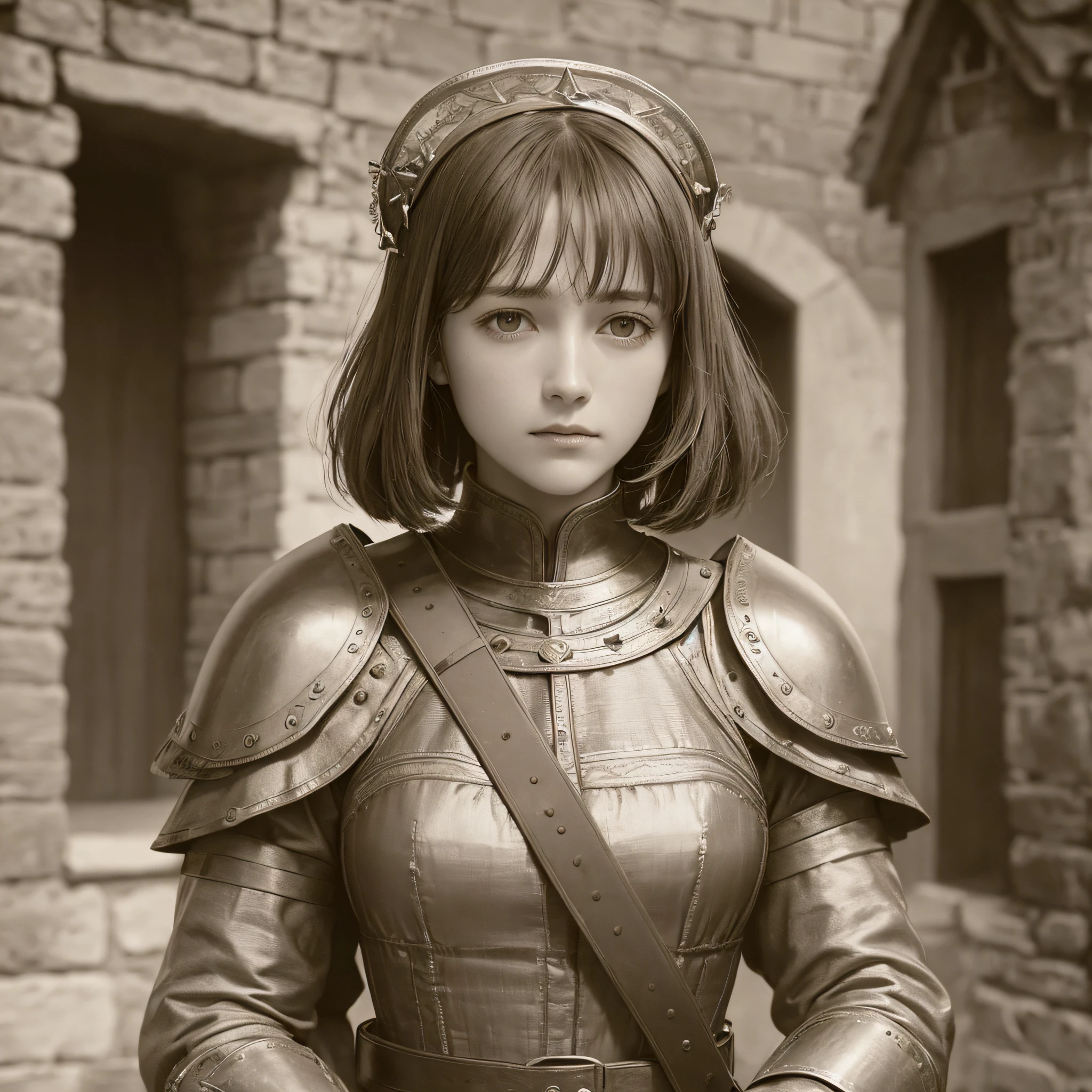An old photograph of Joan of Arc with short shoulder-length hair, a French heroine during the Hundred Years' War, capturing her determined expression as she stares ahead. The photograph presents a time-worn look, with faded edges and a sepia hue, conveying the feeling of nostalgia and reverence. Joan of Arc is dressed in her gleaming armor, with the sword held tightly in her hands. In the background, you can see elements of the time, such as a medieval village with wooden houses and thatched roofs. The atmosphere is loaded with stories and mysteries of the past. An authentic photographic style, captured by an old film camera, with a 35mm lens, --air 4:3 --v 5. --auto --s2