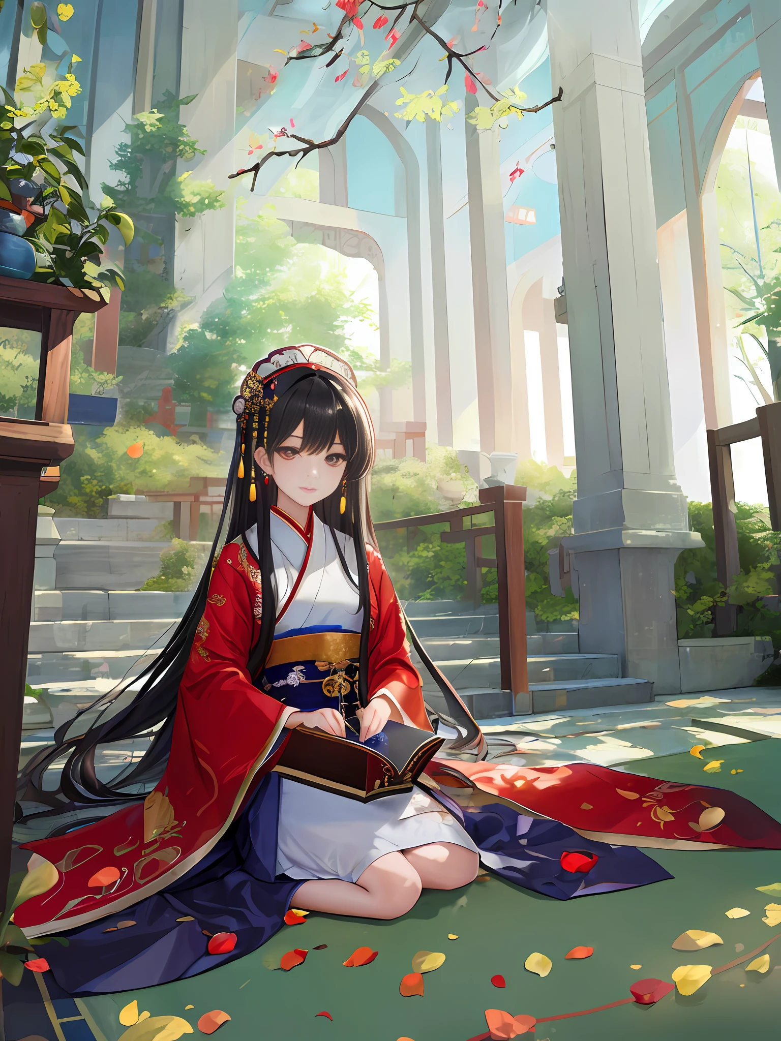 ((((Masterpiece)))), {{Best Quality}}, Art CG, {{Ultra Detail}}, {{Illustration}}, Amazing, Fine Detail, Extremely Detailed CG, Beautiful Detailed Glow, Art Book, 8k, 1 Girl, Hanfu, Red Hanfu, Loli, Court, Long Hair, Black Hair, Sitting on Steps, Sitting Dignified, Very Beautiful, Headdress, Chinese Headwear, Earrings, Clean and Neat Background, Silk Background, White Silk Cloth,