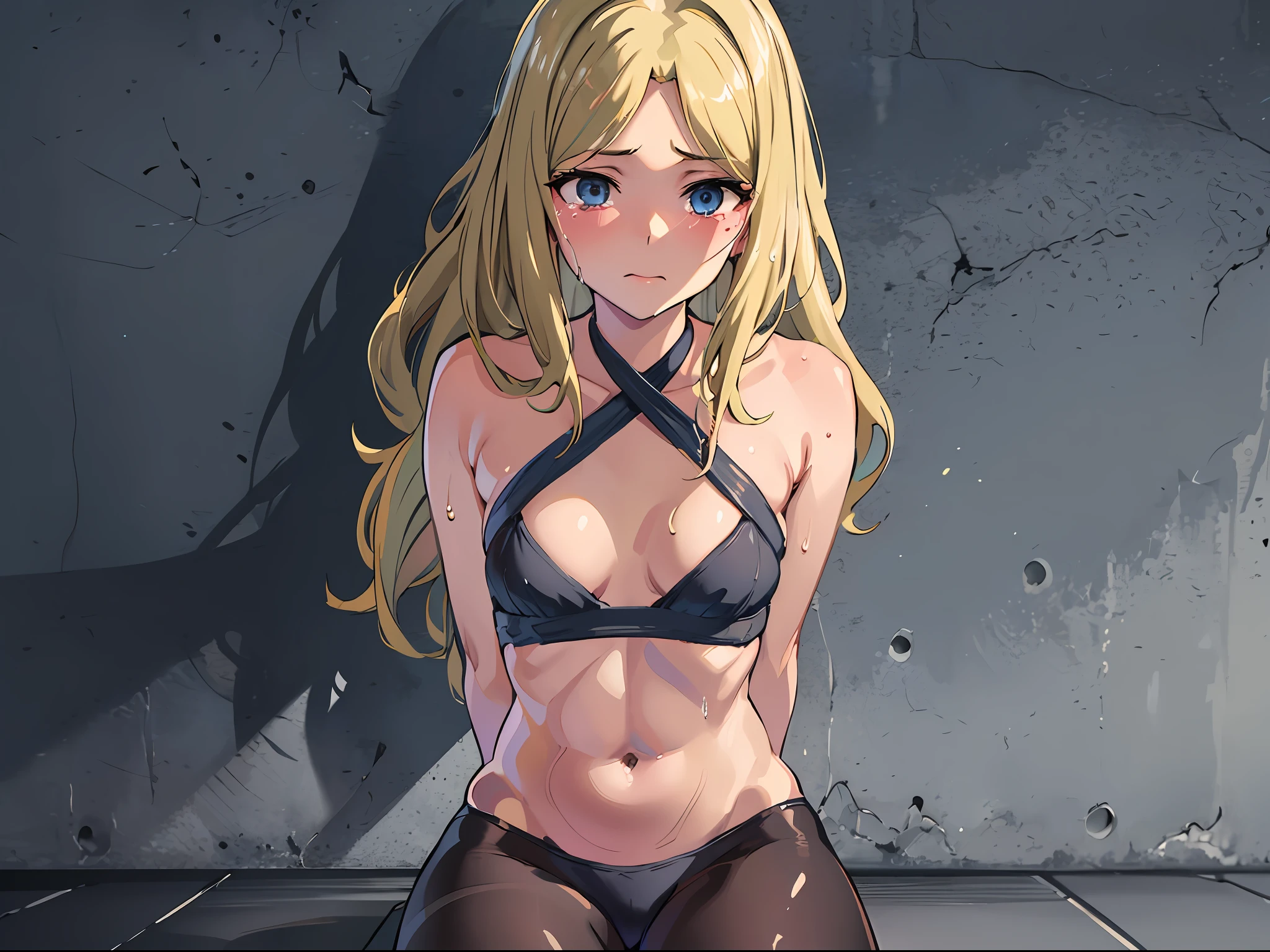 (((masterpiece))), best quality, highly detailed,extremely detailed CG unity 8k wallpaper,illustration,sfw,safe for work,
solo,one female,1female,da,PANTYHOSE,black penties,black bra,small breast,dark blue eyes,medium hair,blonde ,small breast,bare arms,wet
facing up,angle from top,sitting on the ground,tied,tied up,hands are bound behind her back,close-up to face,Ground-Shot Angle,
suffering,tears,crying,suffering face,
indoor,grey background, dark background,wet, lab, night, dark.pipe, machine ,spotlight