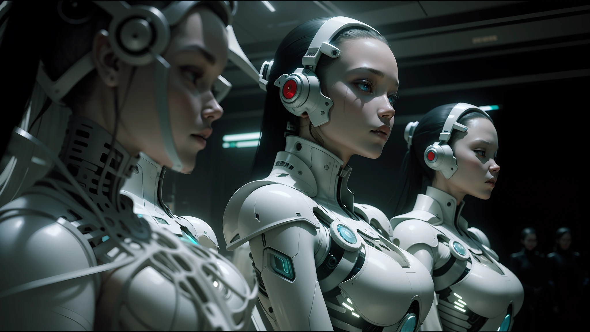 several women in futuristic costumes stand in a row, porcelain organic, chris cunningham, zhang yimou, futuristic suzuki, holy cyborg necromancer girl, white machinery, jon kuo --ar 16:9 --auto --s2