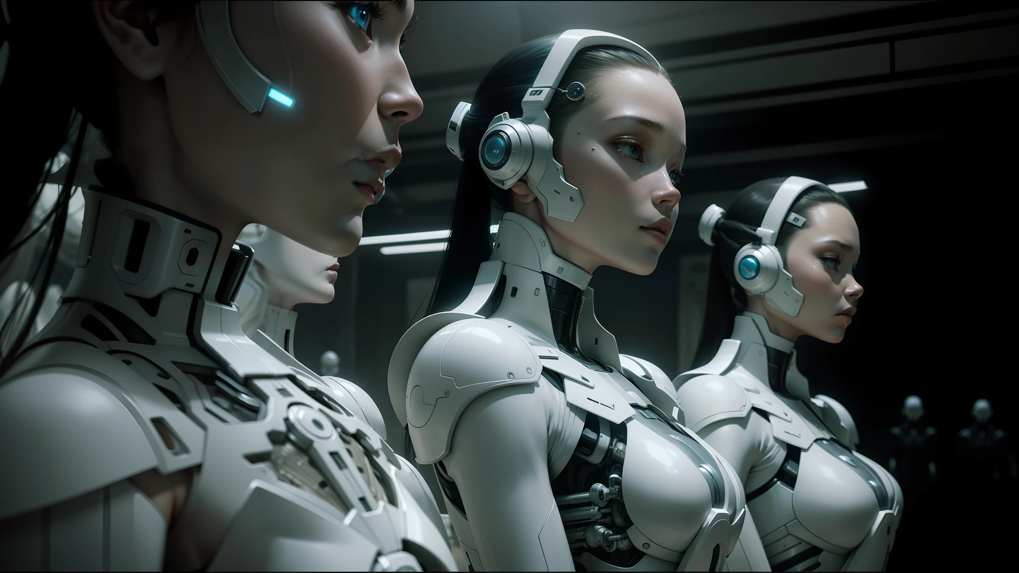 several women in futuristic costumes stand in a row, porcelain organic, chris cunningham, zhang yimou, futuristic suzuki, holy cyborg necromancer girl, white machinery, jon kuo --ar 16:9 --auto --s2