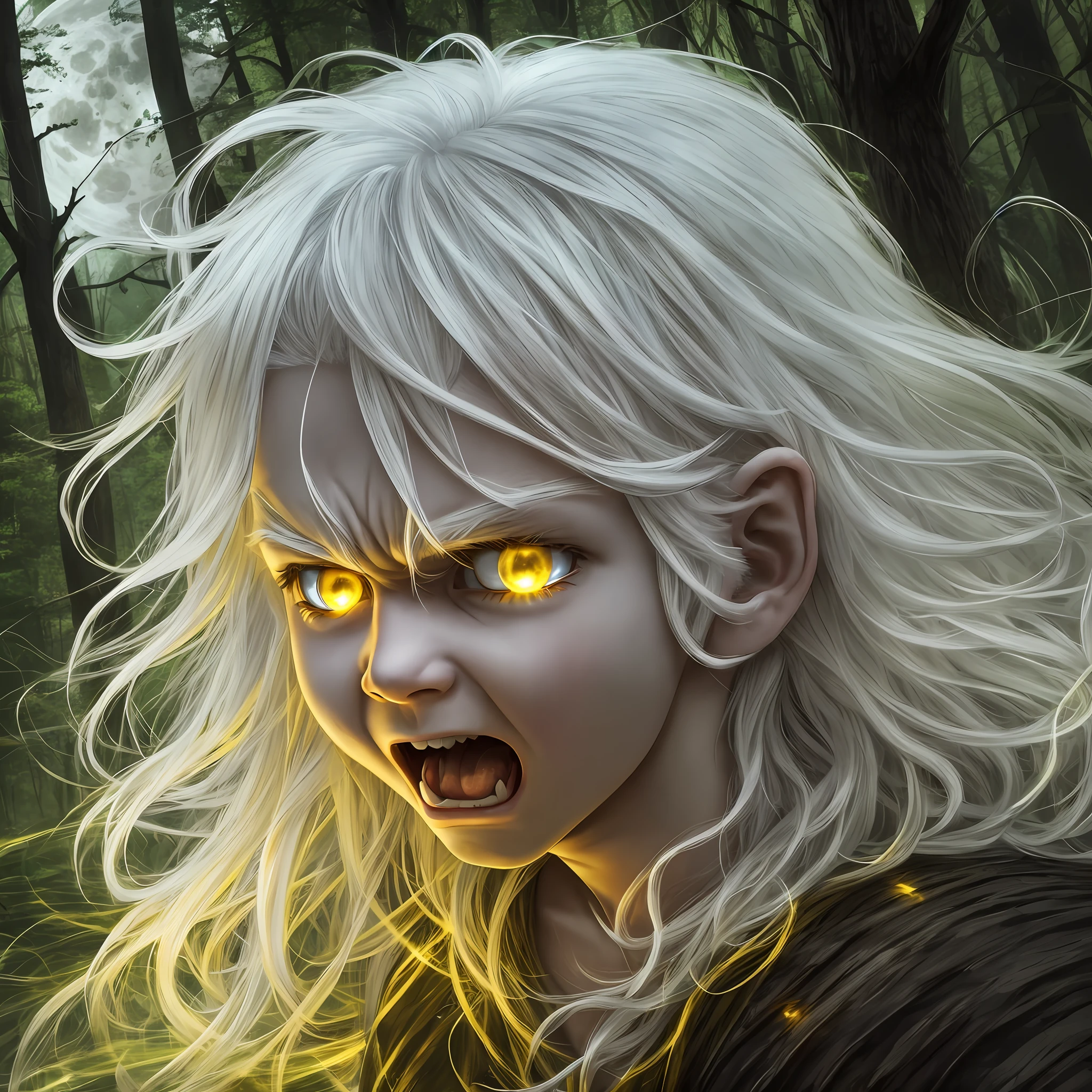 Angry  male with very white hair screaming with bright yellow eyes in the middle of the forest, at night, with a bright aura and rays around him, full moon in the sky, Realistic, Full HD, Best Quality.