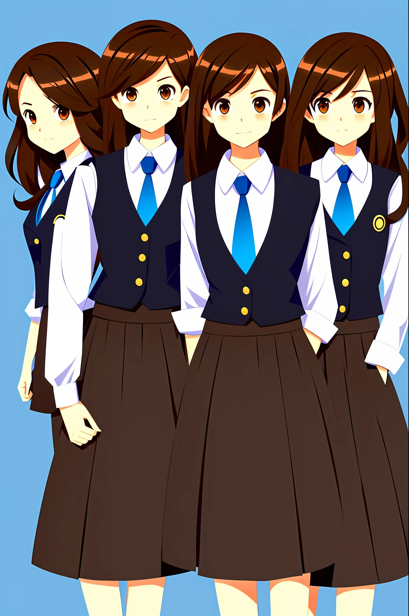 perfect anime illustration, brown hair, wavy hair, hazel eyes, 1girl, blue skirt suit, black high heels, businesswoman, highres, full body, triplets, identical sisters, matching outfits, matching hairstyles, matching faces