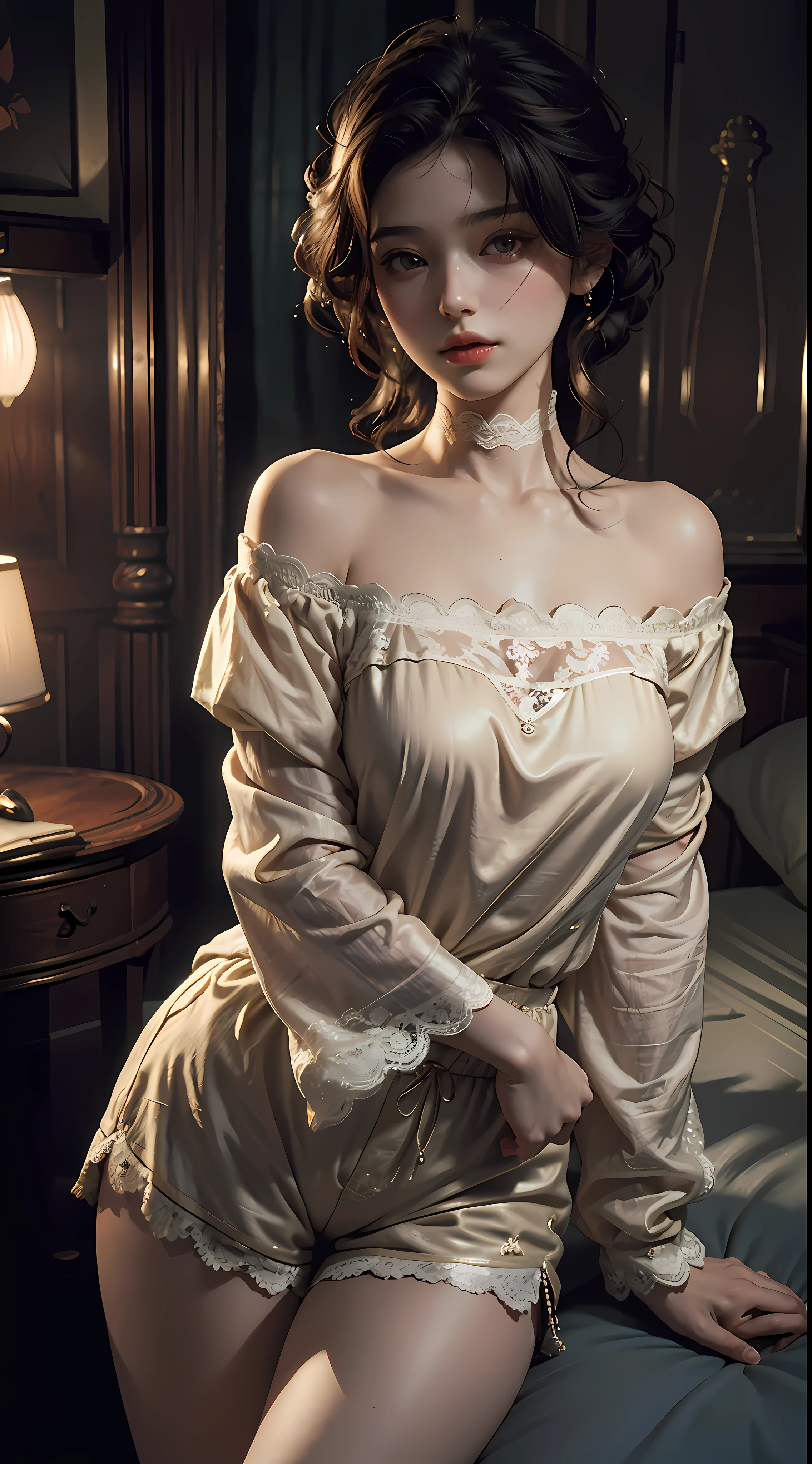Best Quality, Masterpiece, Ultra High Resolution, (Realistic:1.4), Original Photo, 1 32 years old woman babe, goddess, off-the-shoulder, pajama lace shorts, cinematic lighting, sexy, seductive