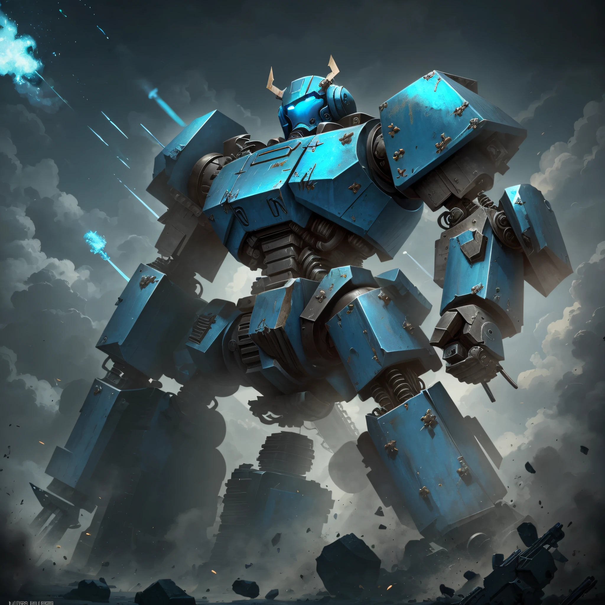 A blue warhammer-style robot with a very large machinegun --auto --s2