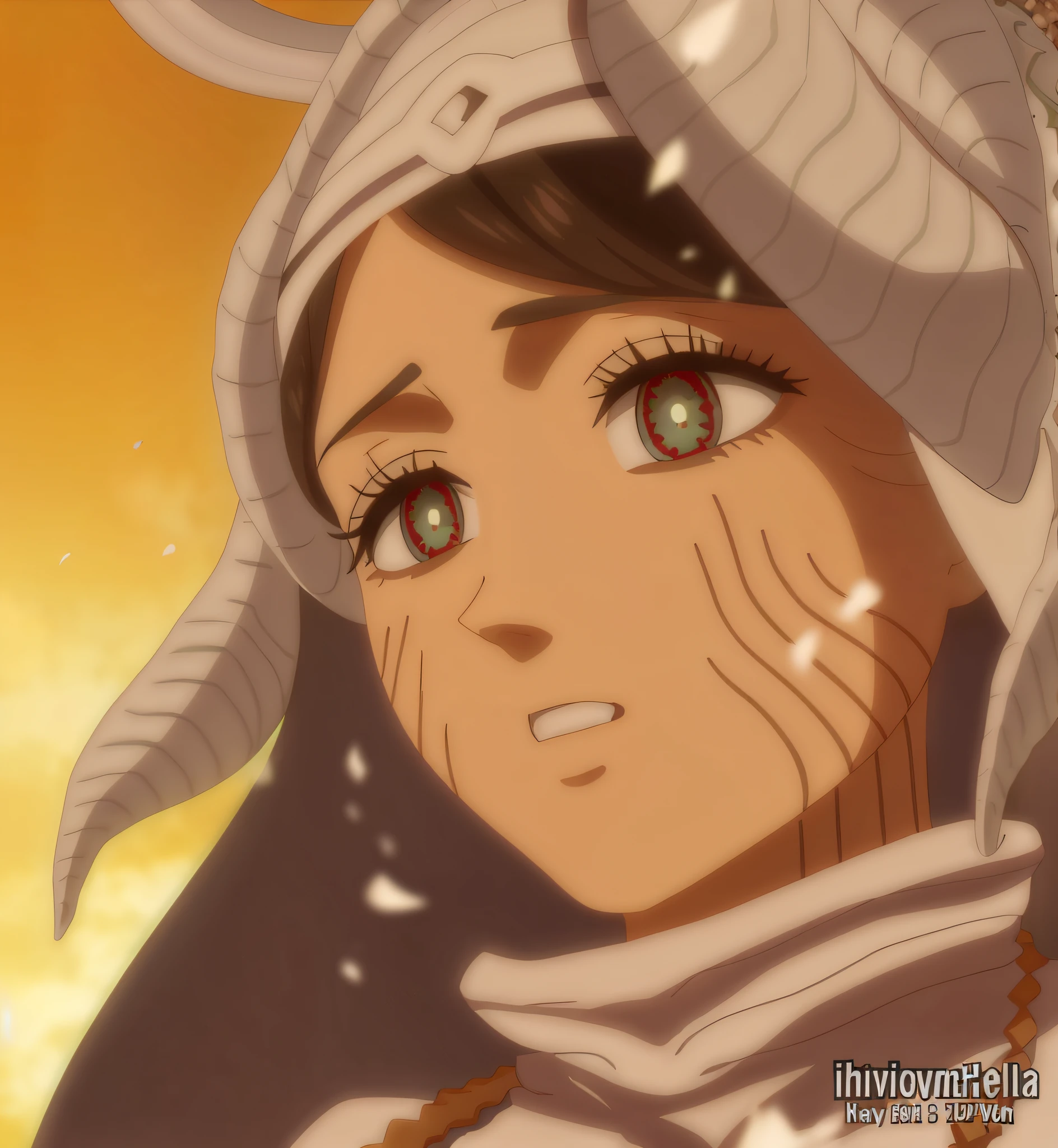 Anime girl with a horned headdress and a white scarf, Lily from Black Clover happy!!!, !! Belle!!, from Black Clover, Belle!!, Shiro from Deadman Wonderland, Hannah Yata, Lily in Slug Sage mode, in the anime series Black Clover, official art.