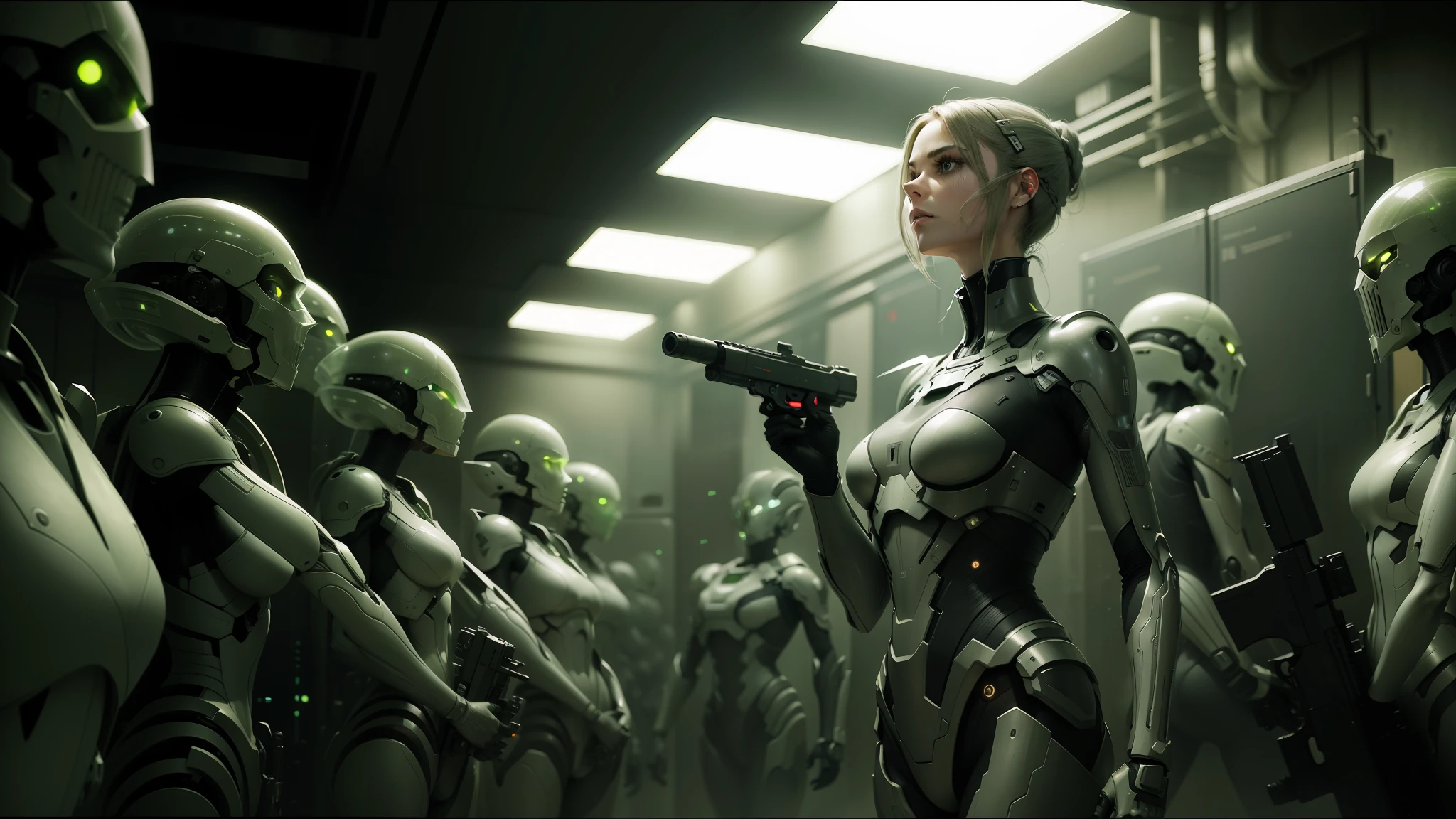 a close up of a woman holding a gun in front of a group of humanoids, vfx film, nekro xiii, standing in a server room, cloning spell, inspired by Franciszek Żmurko, android heroine, cgsociety ), still frame from a movie, visually striking, several soldiers --ar 16:9 --auto --s2