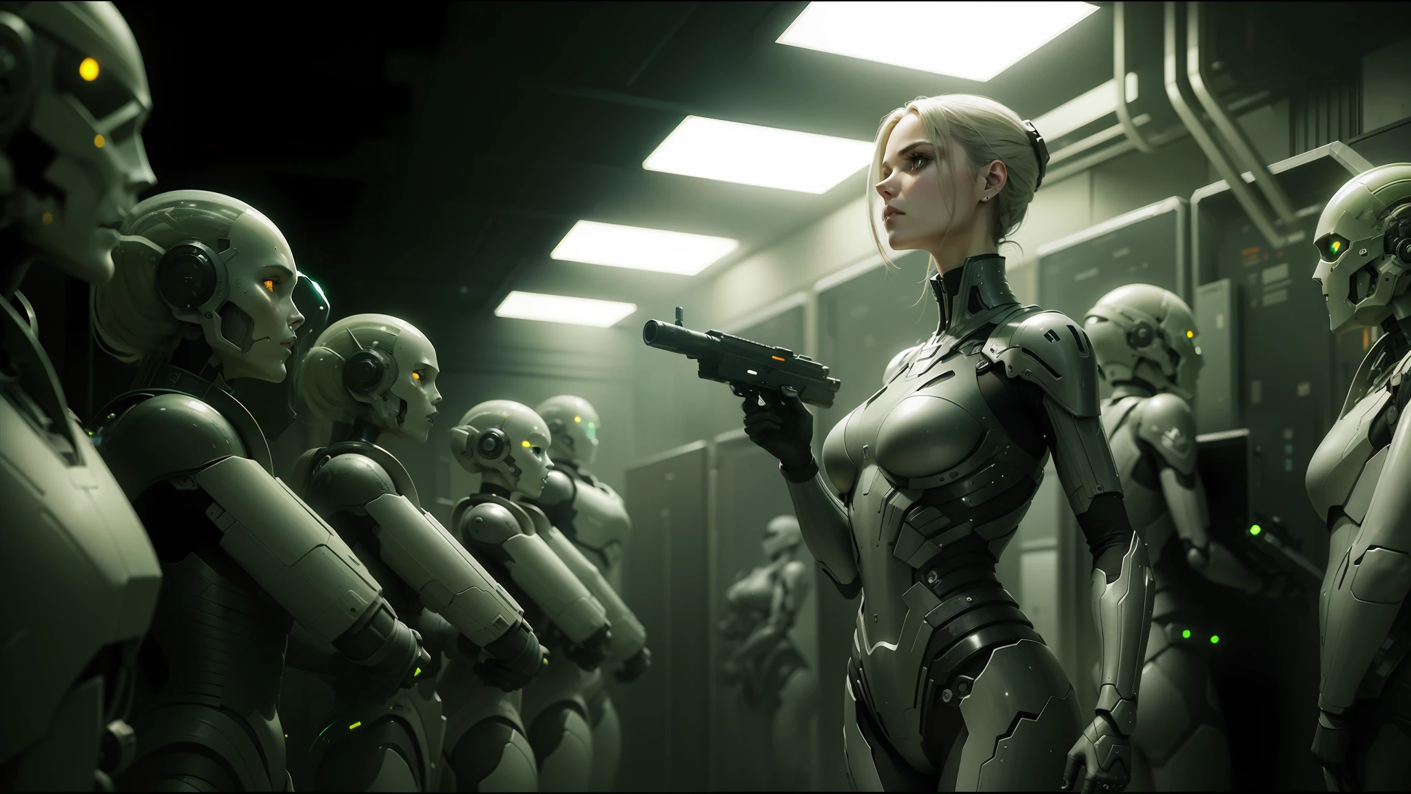 a close up of a woman holding a gun in front of a group of humanoids, vfx film, nekro xiii, standing in a server room, cloning spell, inspired by Franciszek Żmurko, android heroine, cgsociety ), still frame from a movie, visually striking, several soldiers --ar 16:9 --auto --s2