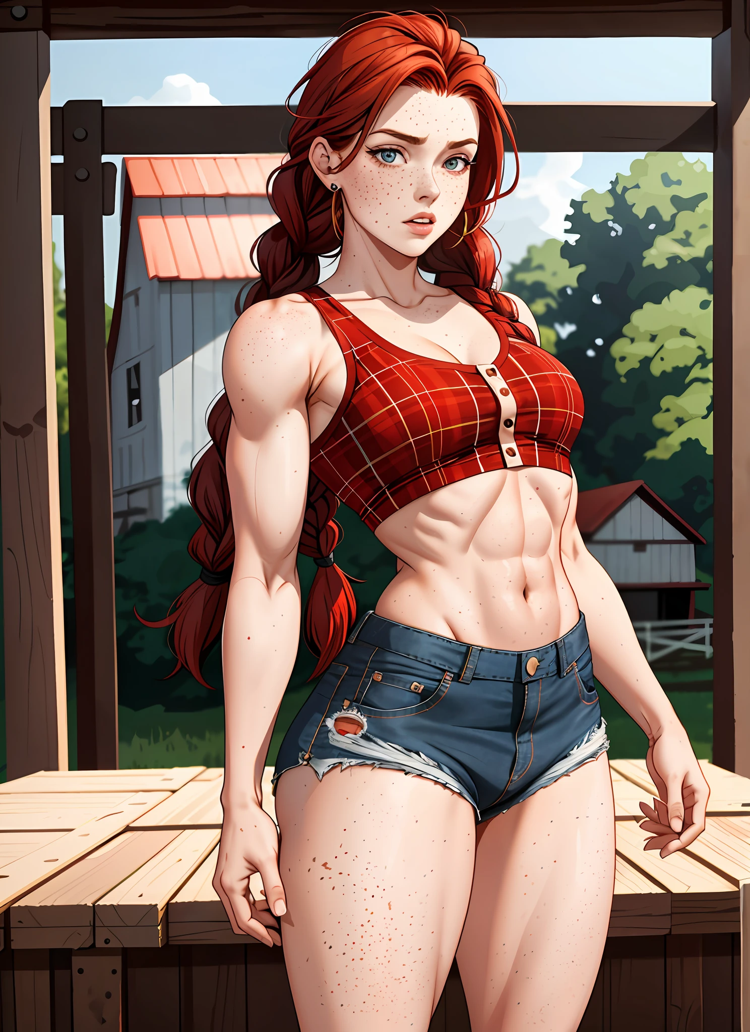 Woman, 20 years, muscles, freckles, long hair, large thighs, ass, small breasts, red hair, ass, braid, short shorts, plaid blouse, sissy, femboy, (background : farm)