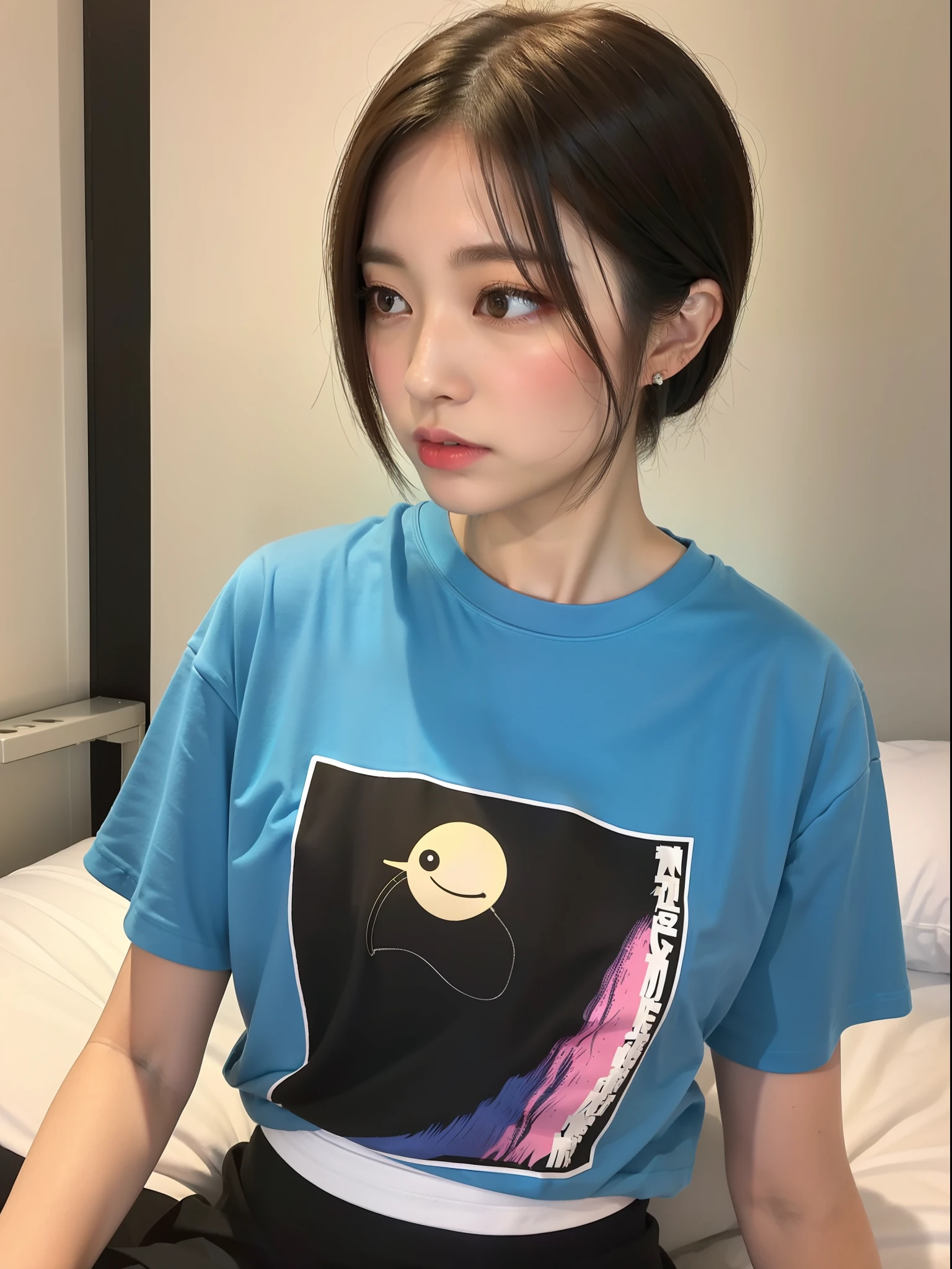 High quality fashion photos, (8k: 1.27), (highest quality, masterpiece, super high definition: 1.2), (1 girl: 1.8), (solo:1.8), (looking away:1.8), (wearing a cute illustration t-shirt: 1.8), (she is sitting in bed: 1.6), (wearing a black t-shirt: 2), Suzu Hirose, Japan actress, Instagram photo, Street snap, high school student, cute Japan woman photo (beautiful: 1.1), T-shirt, oversized T-shirt, (large T-shirt: 2), photo t-shirt, heavyweight t-shirt, very detailed face and skin texture, delicate eyes, double eyelids, whitening skin, short hair, short hair, Japan streetwear, wearing oversized t-shirt, skirt (blonde: 1.5),