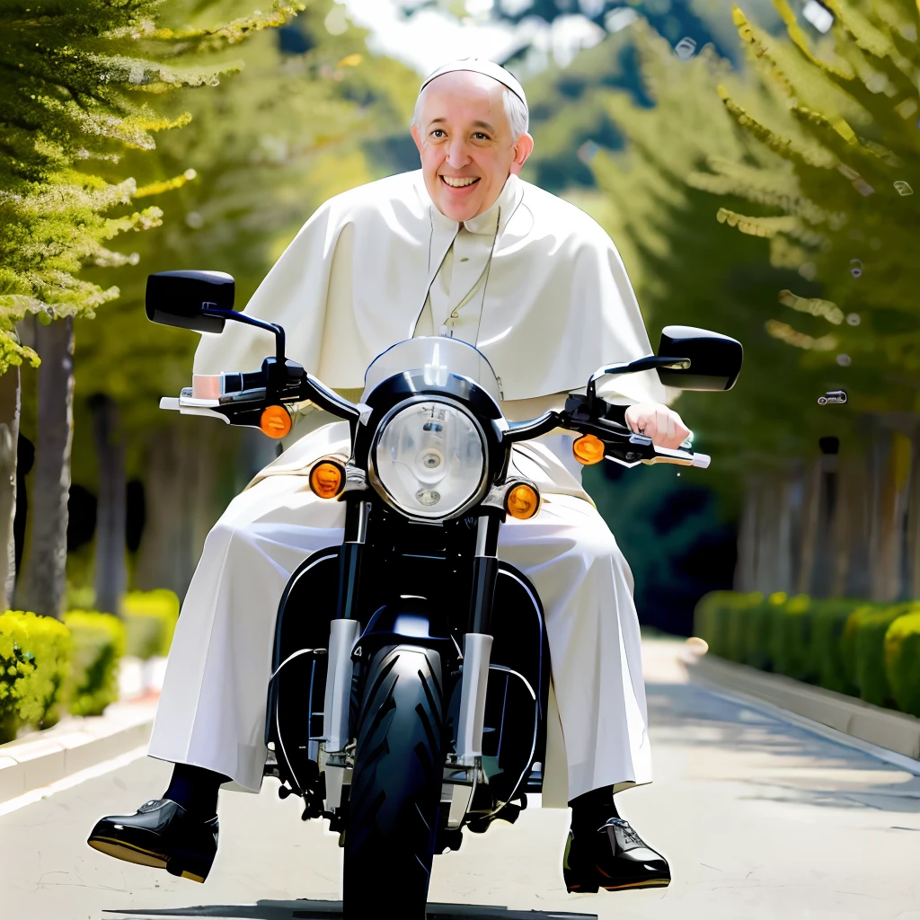 Realistic Photo Pope Francis Real on a motorcycle
