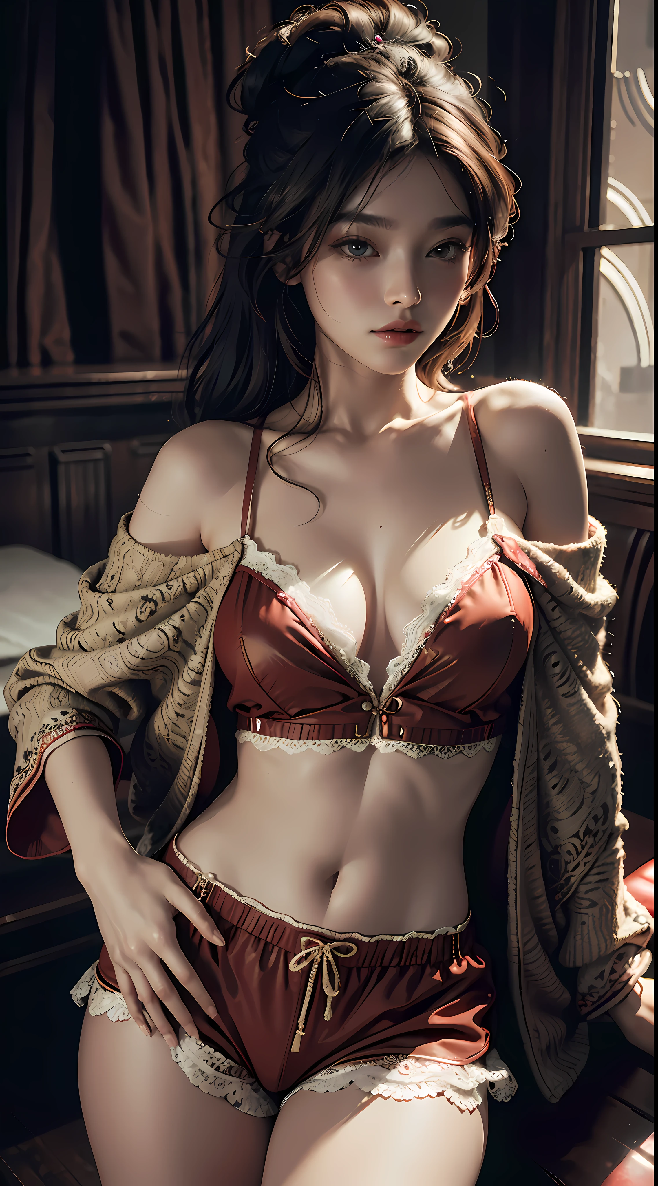 Best Quality, Masterpiece, Ultra High Resolution, (Realistic:1.4), Original Photo, 1 32 years old woman babe, goddess, off-the-shoulder, pajama lace shorts, cinematic lighting, sexy, seductive, thong