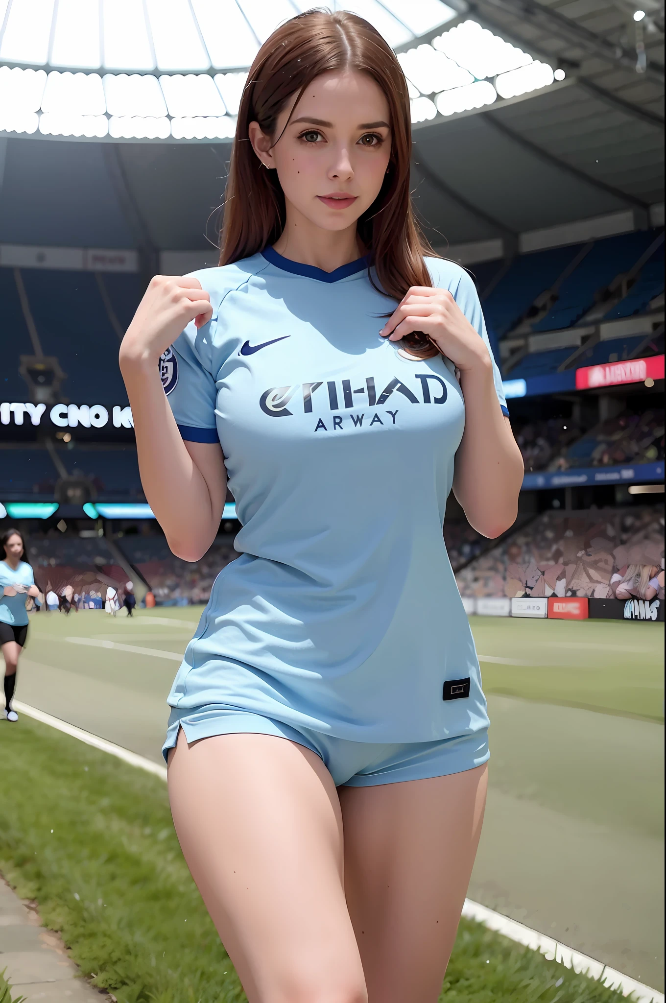 arafed woman in a blue shirt and shorts posing for a picture, gorgeous lady, manchester city, 4 k ], 4k], skinny waist and thick hips, gorgeous young woman, thicc, girl, 2263539546], beautiful woman, better known as amouranth, amouranth, blue tight tshirt