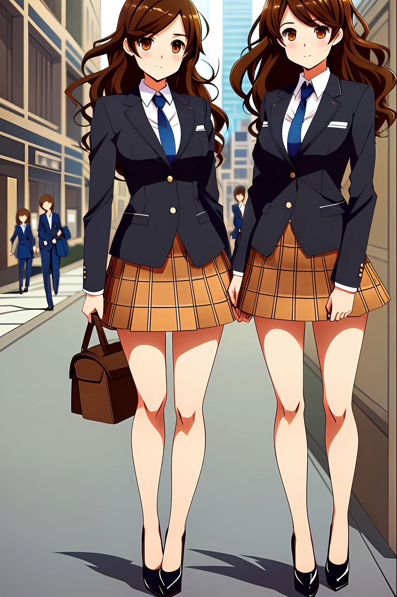 perfect anime illustration, brown hair, wavy hair, hazel eyes, 1girl, blue skirt suit, black high heels, businesswoman, highres, full body, triplets, identical sisters, matching outfits, matching hairstyles, matching faces