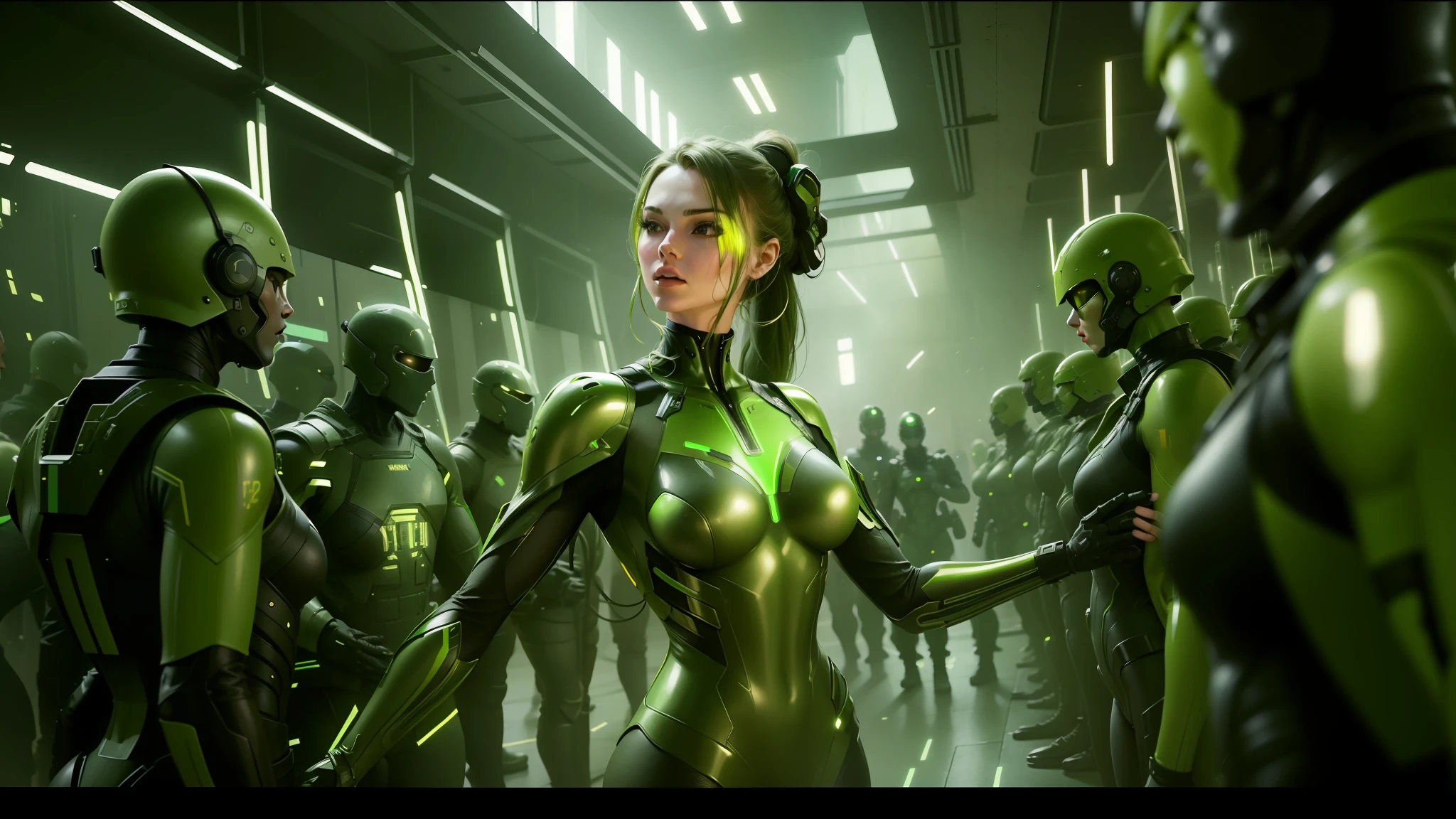 a close up of a woman in a bodysuit standing in front of a group of soldiers, ash thorp, faithful cinematic color scheme, gloss, yellow and green scheme, of an cyber gods, rendering of beauty pageant, style of the matrix, ecopunk, cybergods --ar 16:9 --auto --s2
