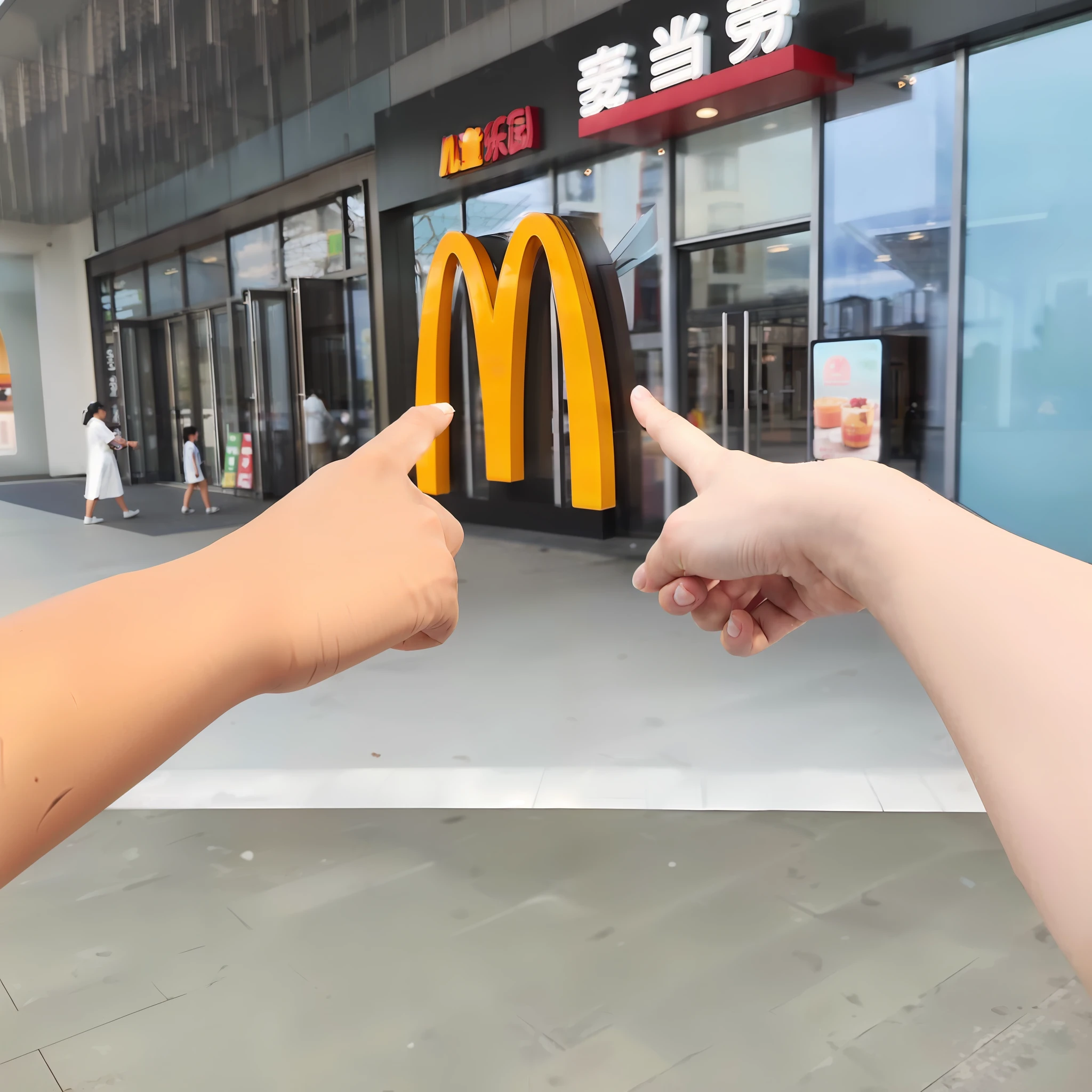 someone pointing at a mcdonald's sign with their fingers, by Weiwei, mcdonald, hyperrealistic picture, golden arches, ultra realistic picture, forced perspective, now at mcdonalds, super realistic food picture, hyperealistic photo, hyperrealistic photo, hyperrealistic!, hyper realistic, realistic shot, mc donalds, mcdonalds, hyper - realistic, hyper-realistic, super realistic photo