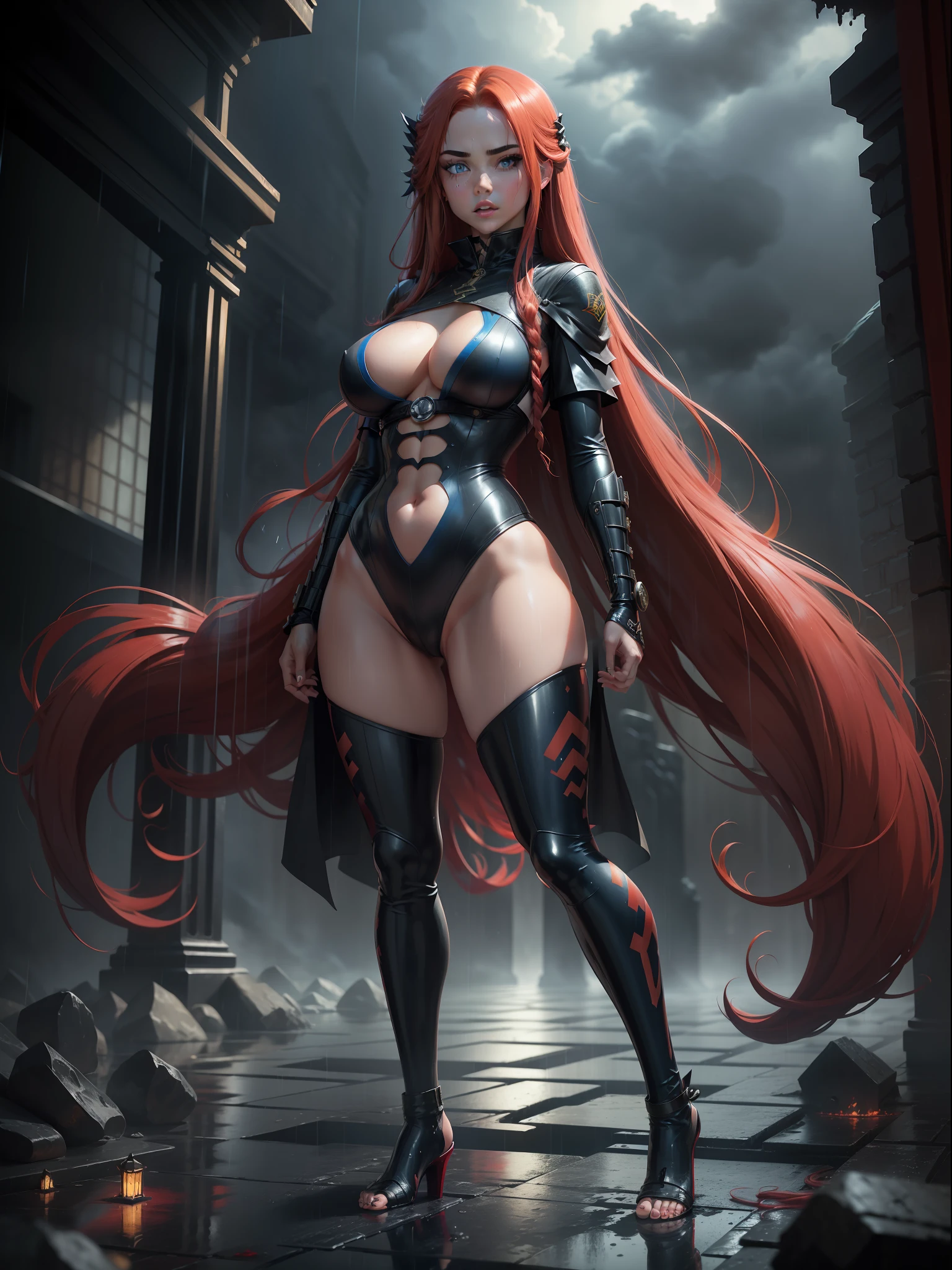 (full body photo, standing, feet on the ground), Sara has large breasts, (black with gold details/ninja costume/extremely tight on the body/ninja mask on the face, ninja emblem on the breast), tattoos on the body, blood on the clothing, ninja weapons, closed fists, in battle position, is in a macabre temple at night raining hard with clouds in the sky and thunder, her hair and clothes are soaked, she has ((long red hair, blue eyes)), blush, anime, reflection light, 16k, best quality, high details, anatomically correct, UHD, masterpiece, ccurate