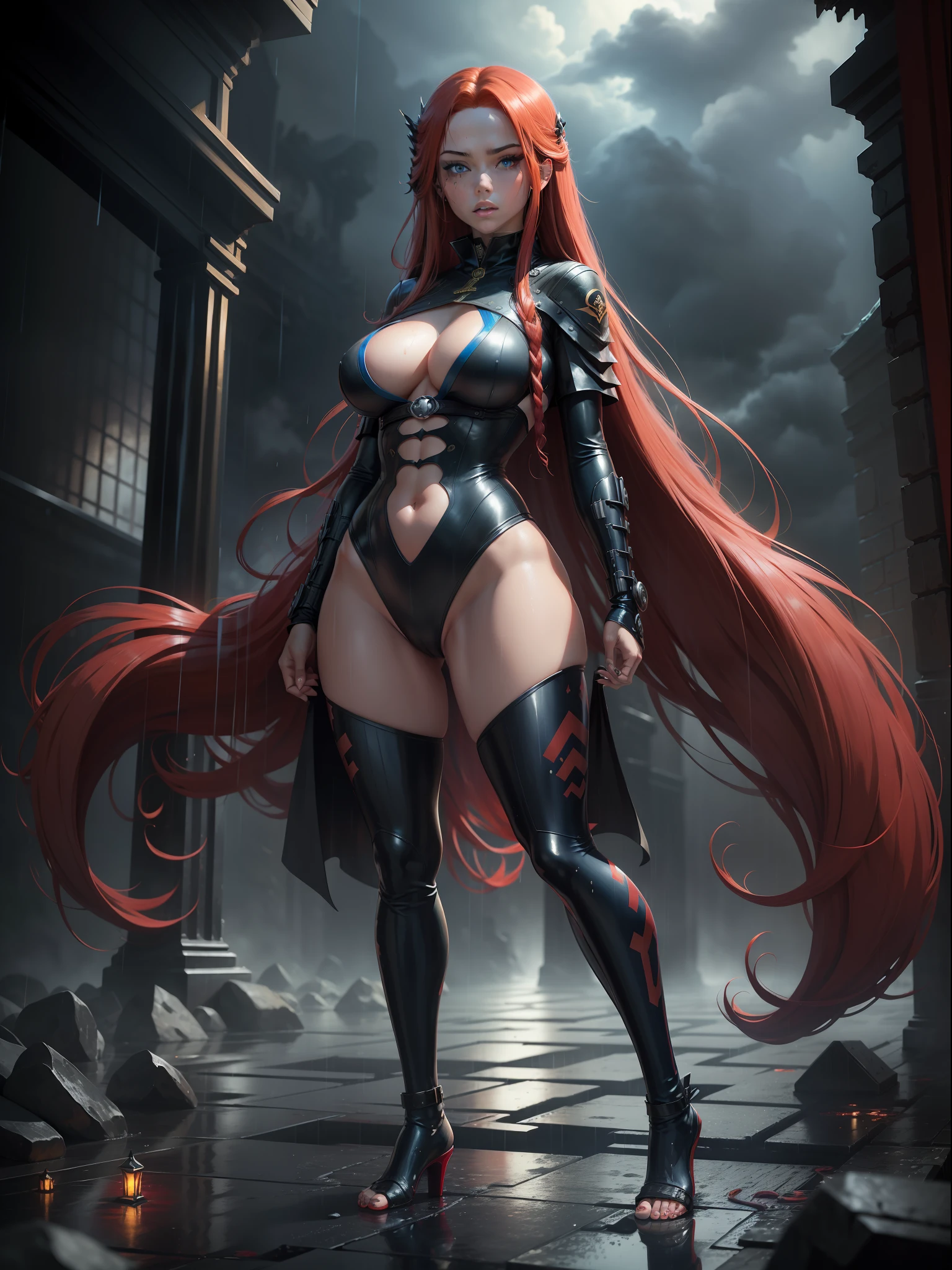 (full body photo, standing, feet on the ground), Sara has large breasts, (black with gold details/ninja costume/extremely tight on the body/ninja mask on the face, ninja emblem on the breast), tattoos on the body, blood on the clothing, ninja weapons, closed fists, in battle position, is in a macabre temple at night raining hard with clouds in the sky and thunder, her hair and clothes are soaked, she has ((long red hair, blue eyes)), blush, anime, reflection light, 16k, best quality, high details, anatomically correct, UHD, masterpiece, ccurate