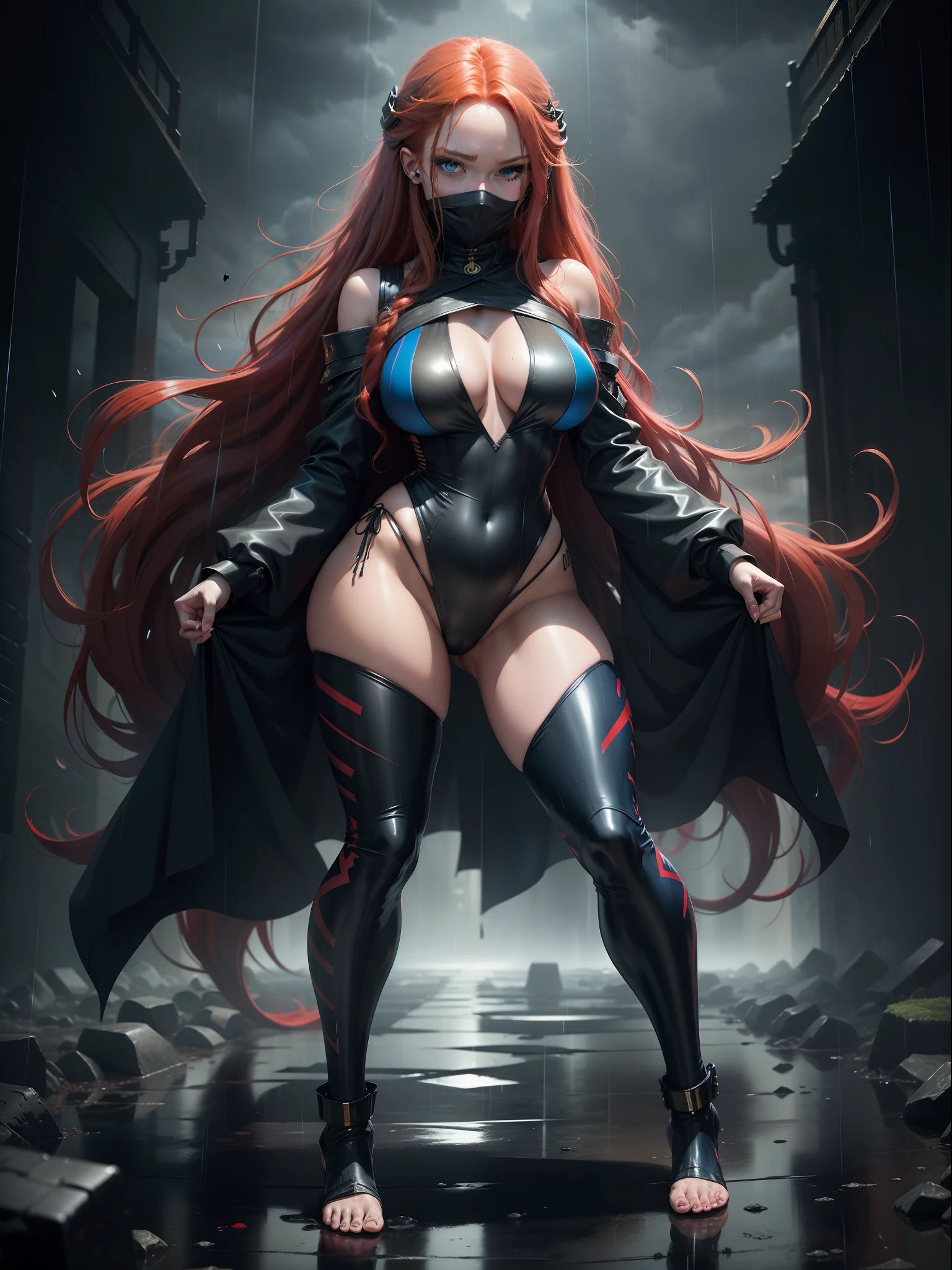 (full body photo, standing, feet on the ground), Sara has large breasts, (black with gold details/ninja costume/extremely tight on the body/ninja mask on the face, ninja emblem on the breast), tattoos on the body, blood on the clothing, ninja weapons, closed fists, in battle position, is in a macabre temple at night raining hard with clouds in the sky and thunder,  her hair and clothes are soaked, she has ((long red hair, blue eyes)), blush, anime, reflection light, 16k, best quality, high details, anatomically correct, UHD, masterpiece, ccurate