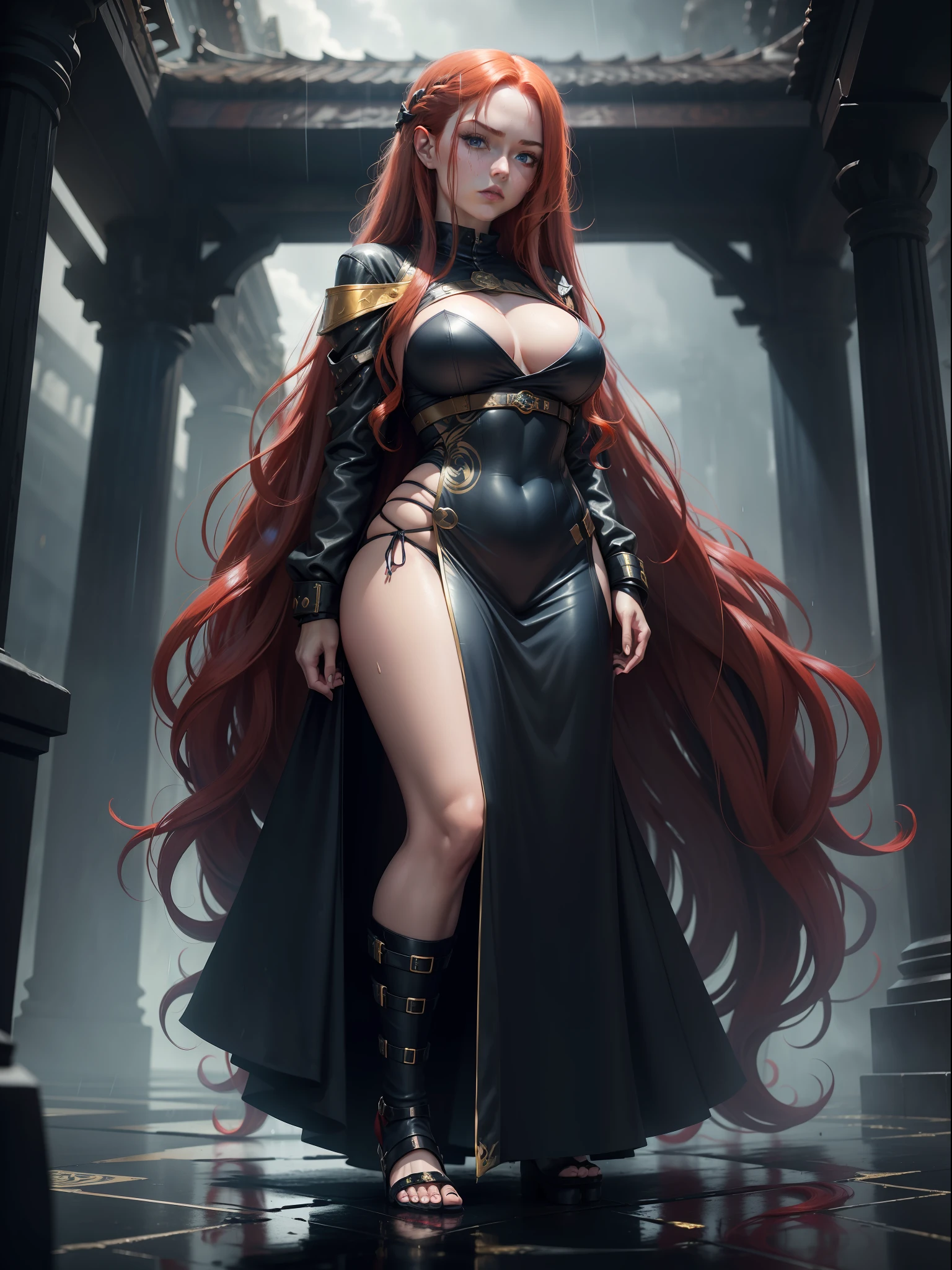 (full body photo, standing, feet on the ground), Sara has large breasts, (black with gold details/ninja costume/extremely tight on the body/ninja mask on the face, ninja emblem on the breast), tattoos on the body, blood on the clothing, ninja weapons, closed fists, in battle position, is in a macabre temple at night raining hard with clouds in the sky and thunder,  her hair and clothes are soaked, she has ((long red hair, blue eyes)), blush, anime, reflection light, 16k, best quality, high details, anatomically correct, UHD, masterpiece, ccurate
