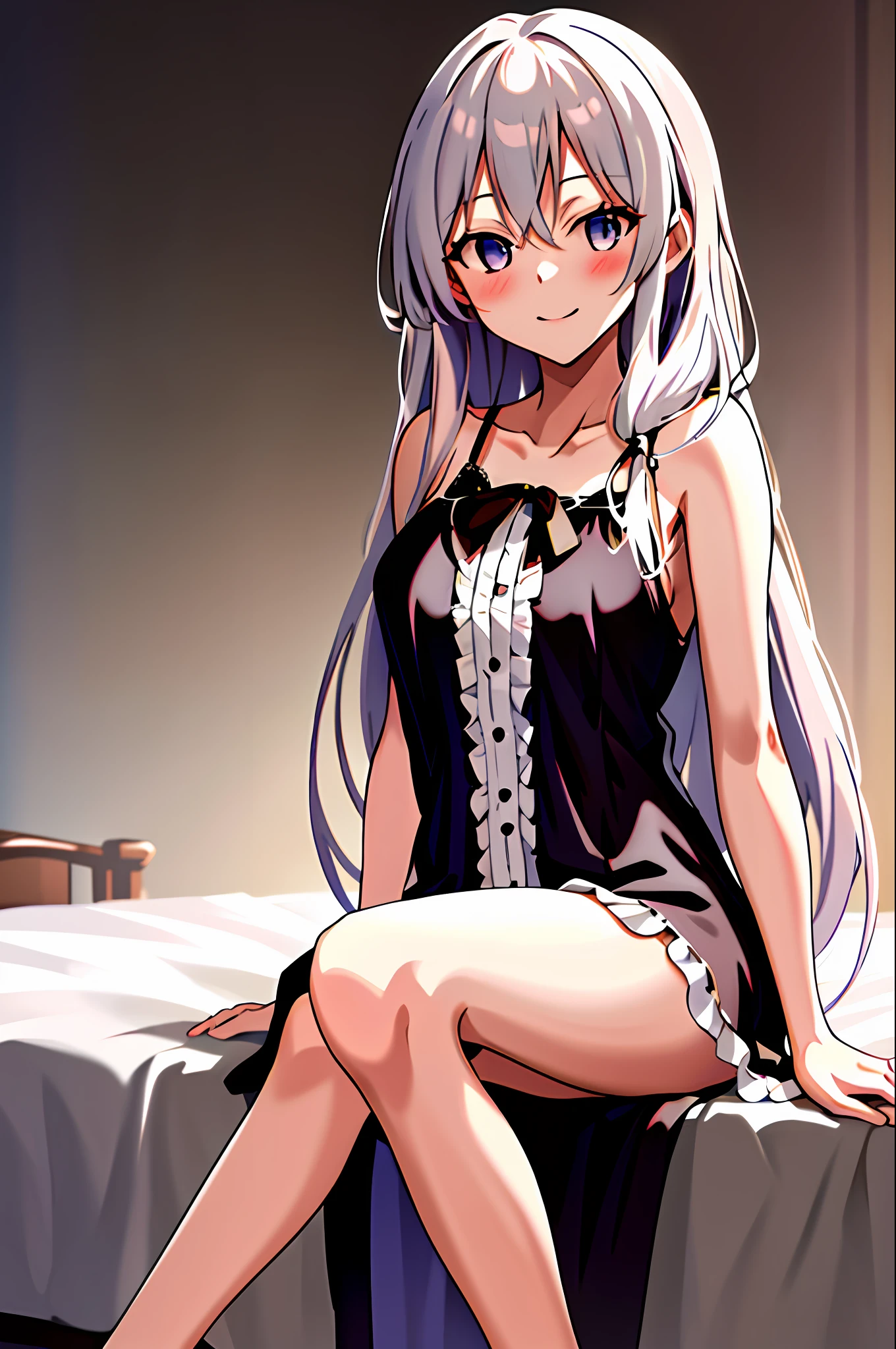 masterpiece, best quality, highres, nn1,1girl, long hair, sitting, bed, night dress, looking into viewer, smile, blush ceek, sexy pose, hands behind, medium breast, breast out, lingerie, black night dress,