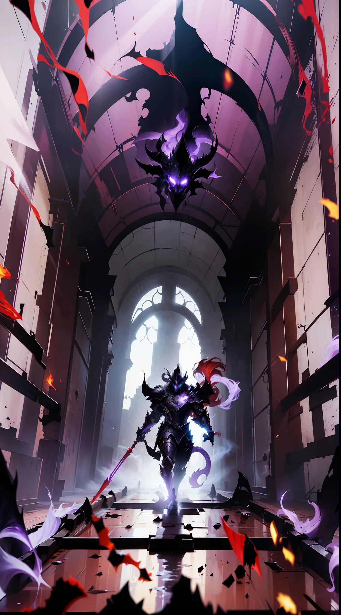 shadow knight Igris ( Solo Leveling ) undead in full growth with purple flame and black slender long body, in a helmet, a high long tail of red hair develops from the back of the helmet, eyes burn purple, goes to the viewer, full-length, background dark throne room, a masterpiece with high detail, highly detailed anime style, majestic, art by Artgerm, Ruan Jia and Greg Rutkowski, Igris ( Solo Leveling ), Solo Leveling, Igris, Shadow Dark Knight, Blood Red Armor, Blood Knight, Red Armor, Red Demon Armor, Dragon Knight, Knight in Red Armor, Witch Blade Armor, Black and Red Reflected Armor, Demonic Death Knight, Dragon Armor, Demonic Dragon Armor, Evil Knight,