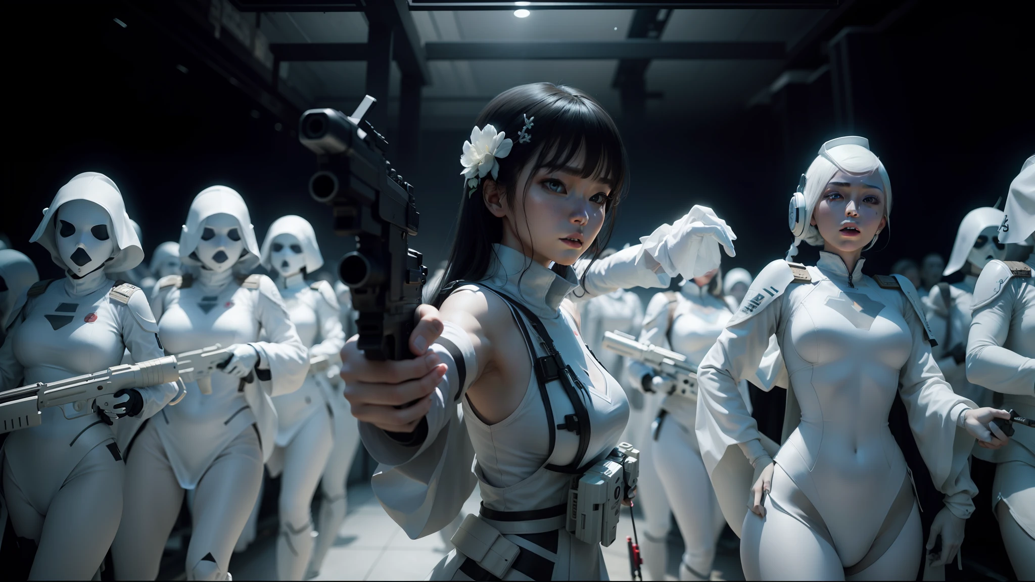 there is a woman holding a gun in front of a group of white people, jingna zhang, film still from the movie, fleshy bones, with white kanji insignias, made of all white ceramic tiles, neo - noir style, morph dna, in formation, performing to dead soldiers, black and white cinematography, beautiful avatar pictures, kpop, female lead character --ar 16:9 --auto --s2