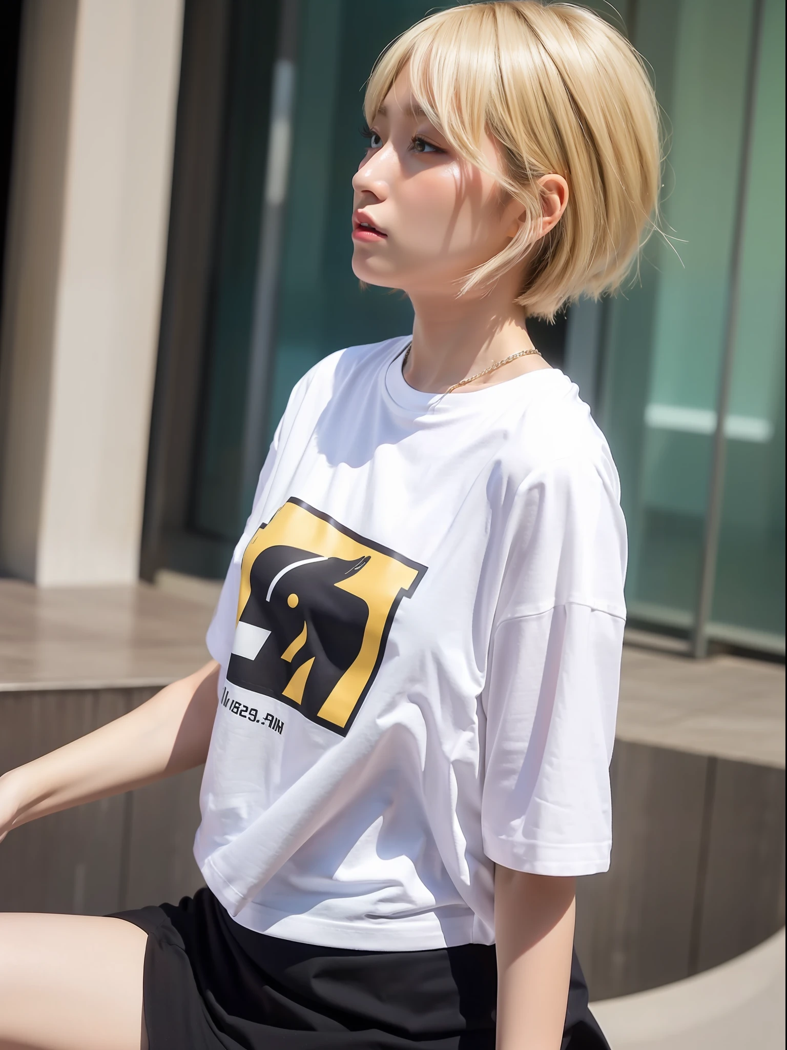 High quality fashion photos, (8k: 1.27), (highest quality, masterpiece, super high definition: 1.2), (1 girl: 1.8), (solo:1.8), (looking away:1.8), (wearing a cute illustration t-shirt: 1.8), (she is sitting in bed: 1.6), (wearing a black t-shirt: 2), Suzu Hirose, Japan actress, Instagram photo, Street snap, high school student, cute Japan woman photo (beautiful: 1.1), T-shirt, oversized T-shirt, (large T-shirt: 2), photo t-shirt, heavyweight t-shirt, very detailed face and skin texture, delicate eyes, double eyelids, whitening skin, short hair, short hair, Japan streetwear, wearing oversized t-shirt, skirt (blonde: 1.5),