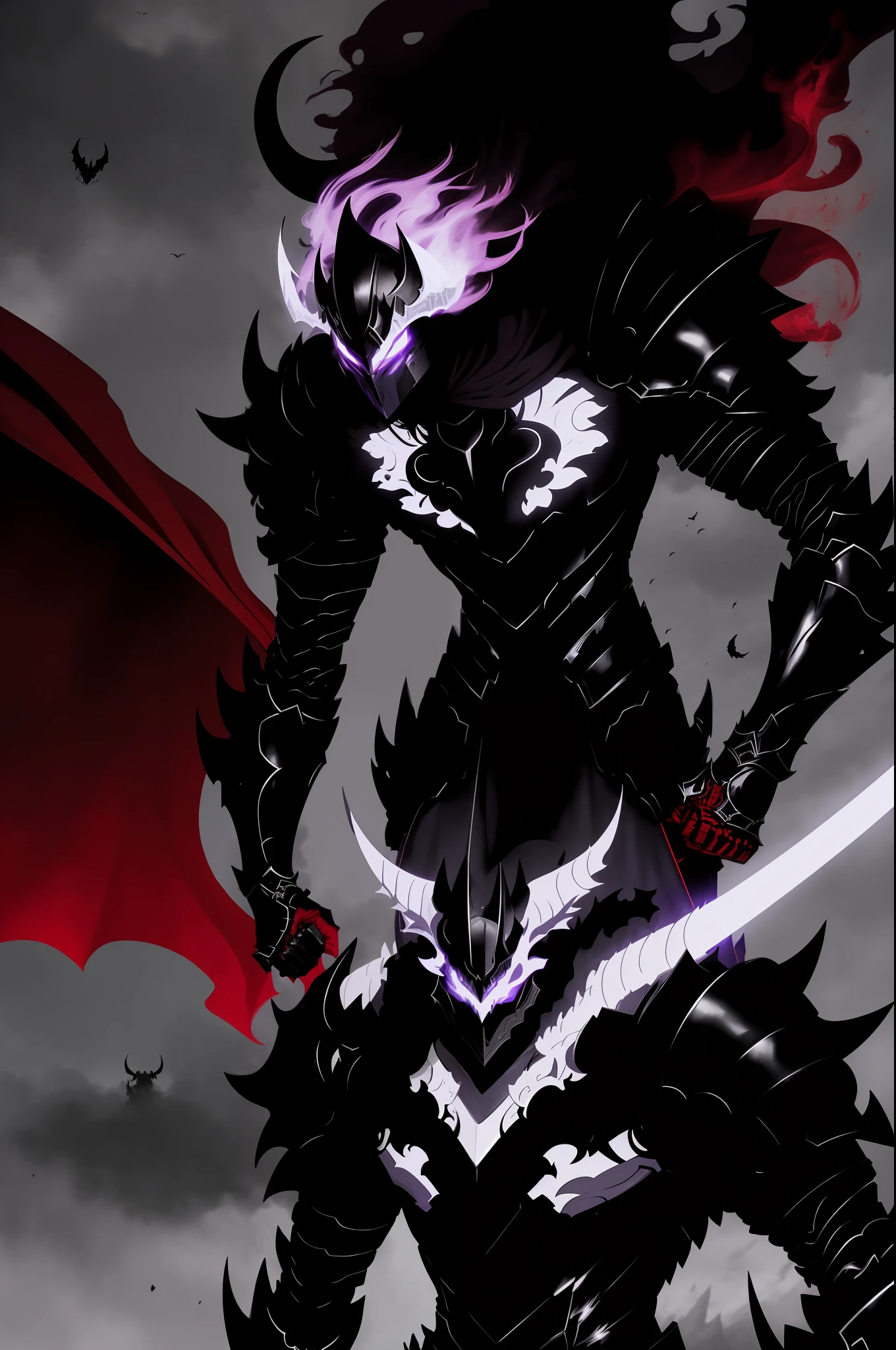 8k portrait of the shadow knight Igris ( Solo Leveling ) undead full-length with purple flame and black slender long body, wearing a helmet, the back of the helmet develops a high long tail of red hair, the eyes burn purple, goes to the viewer, full-length, the background is a dark throne room, a masterpiece with high detail, highly detailed anime style, majestic, art by Artgerm, Ruan Jia and Greg Rutkowski,  Igris ( Solo Leveling ), Solo Leveling, Igris, Shadow Dark Knight, Blood Red Armor, Blood Knight, Red Armor, Red Demon Armor, Dragon Knight, Knight in Red Armor, Witch Blade Armor, Black and Red Reflected Armor, Demonic Death Knight, Dragon Armor, Demonic Dragon Armor, Evil Knight,