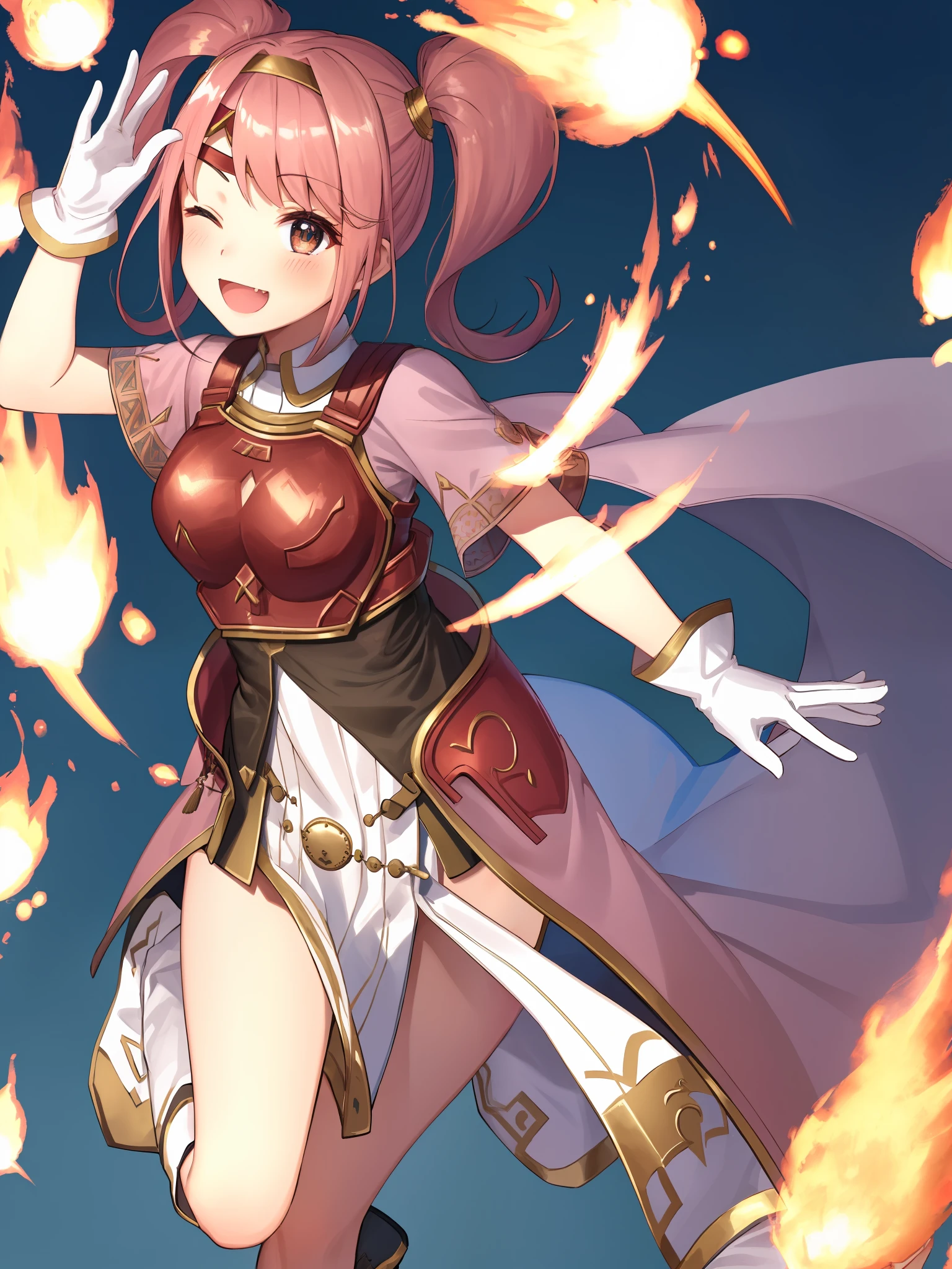 (mae fe 🤭, 1girl, solo, blush, smile, open mouth, gloves, twintails, boots, one eye closed, fang, in front of castle, armor, headband, ;d, fire, circlet, breastplate))