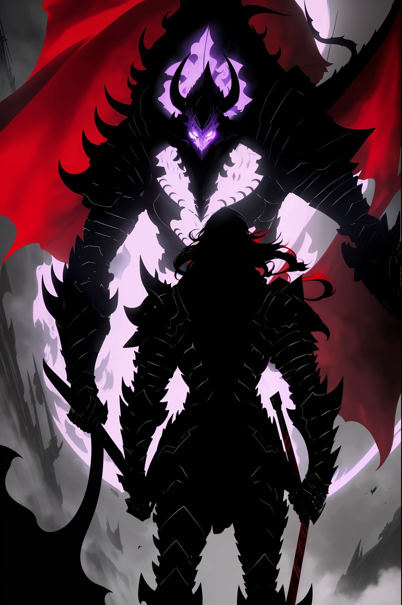 8k portrait of the shadow knight Igris ( Solo Leveling ) undead full-length with purple flame and black slender long body, wearing a helmet, the back of the helmet develops a high long tail of red hair, the eyes burn purple, goes to the viewer, full-length, the background is a dark throne room, a masterpiece with high detail, highly detailed anime style, majestic, art by Artgerm, Ruan Jia and Greg Rutkowski,  Igris ( Solo Leveling ), Solo Leveling, Igris, Shadow Dark Knight, Blood Red Armor, Blood Knight, Red Armor, Red Demon Armor, Dragon Knight, Knight in Red Armor, Witch Blade Armor, Black and Red Reflected Armor, Demonic Death Knight, Dragon Armor, Demonic Dragon Armor, Evil Knight,