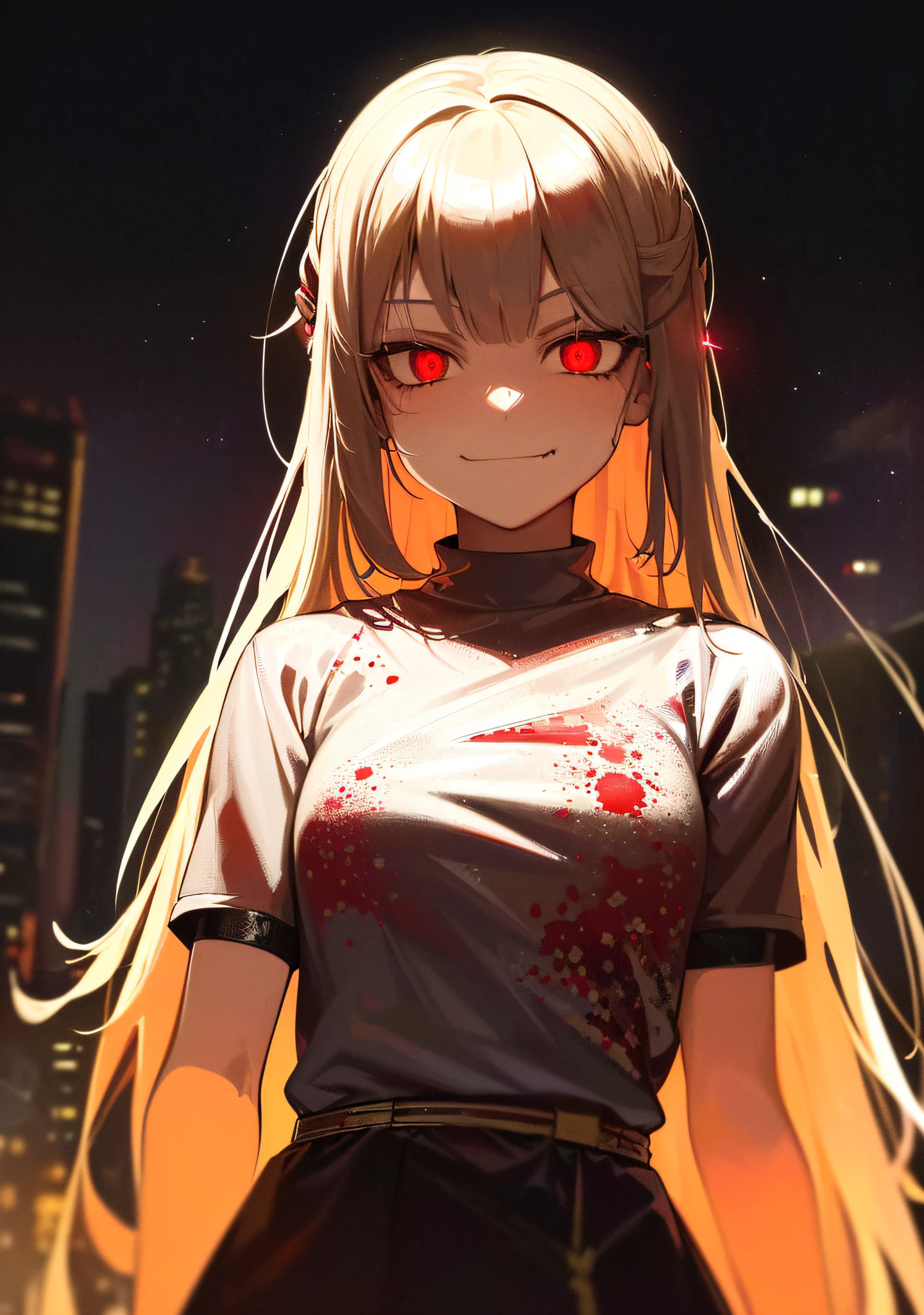 1girl, solo, absurdres,(cowboy shot), ((blood, blood droplets and splats, 🩸, )nbest quality,[white background ] (smug smile:1.2) outdoors, nighttime, night, city, stars, starry sky, ruins of city, eerie vibes, melancholic, strong emptions, red glowing eyes, futuristic clothes,upper body