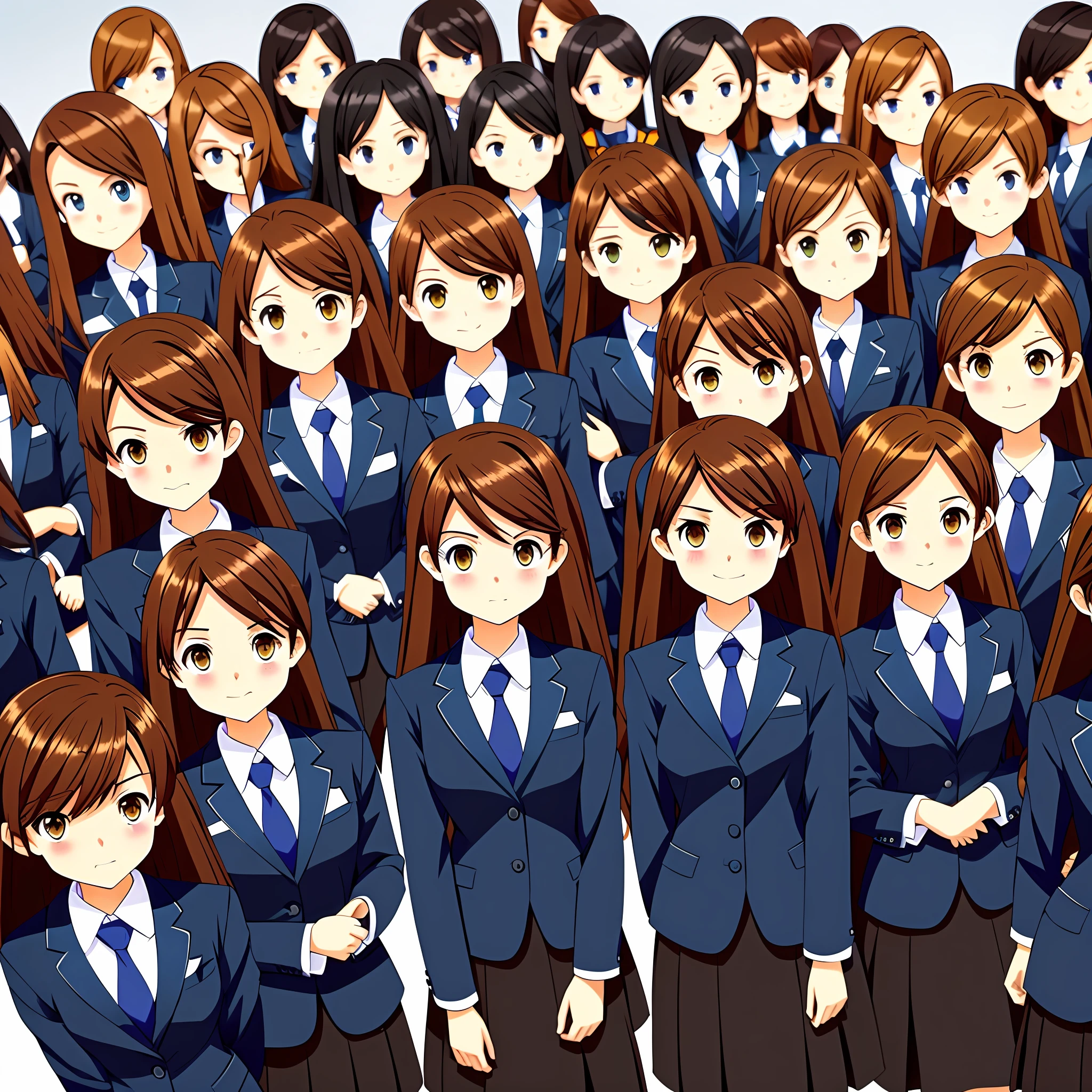 perfect anime illustration, brown hair, wavy hair, hazel eyes, 1girl, blue skirt suit, black high heels, businesswoman, highres, full body, thousands of girls, identical sisters, matching outfits, matching hairstyles, matching faces, group photo