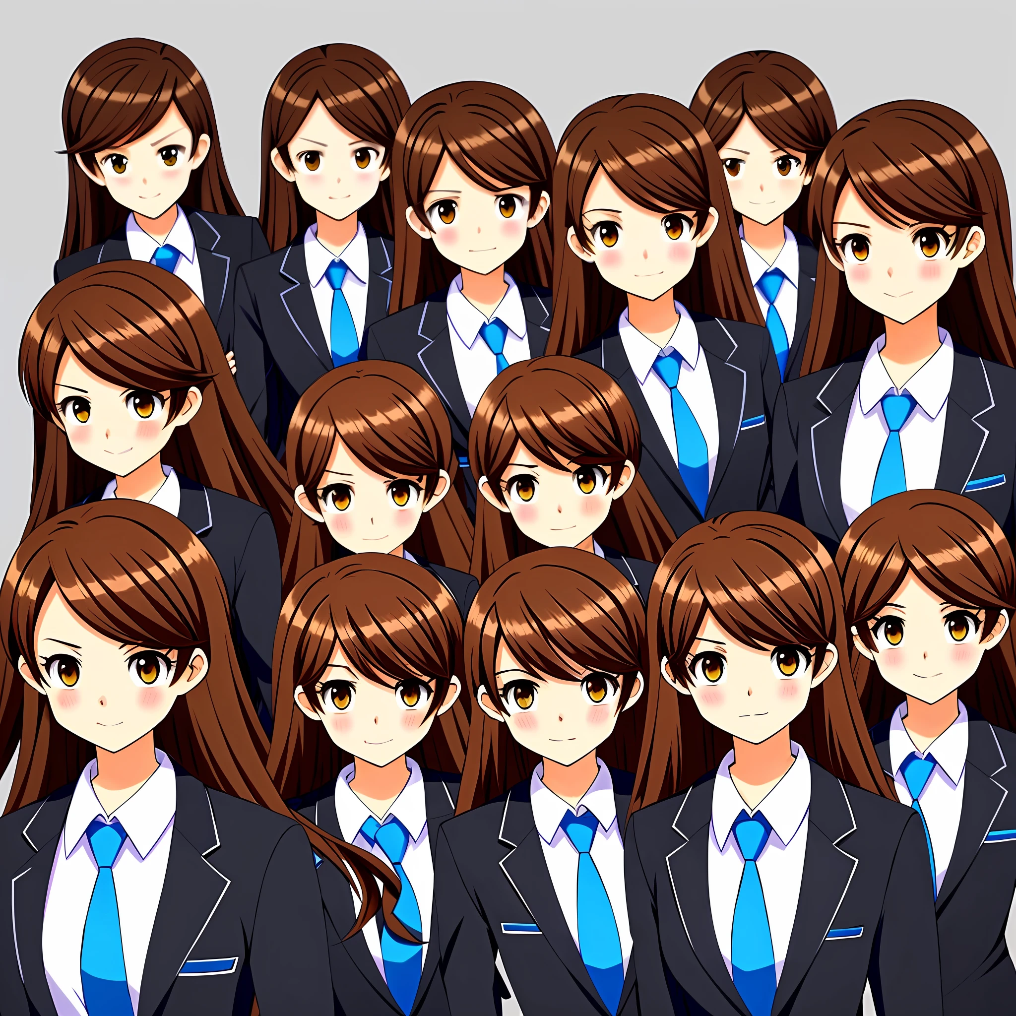 perfect anime illustration, brown hair, wavy hair, hazel eyes, 1girl, blue skirt suit, black high heels, businesswoman, highres, full body, thousands of girls, identical sisters, matching outfits, matching hairstyles, matching faces, group photo