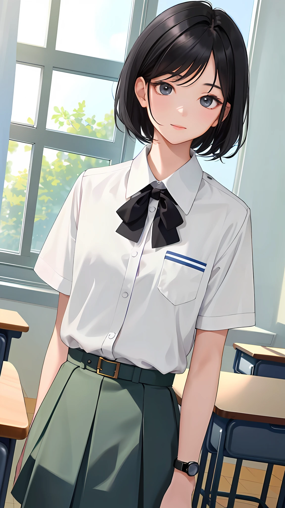(masterpiece, top quality: 1.2), watch viewer, classroom, uniform, (short black hair: 0.8), upper body,