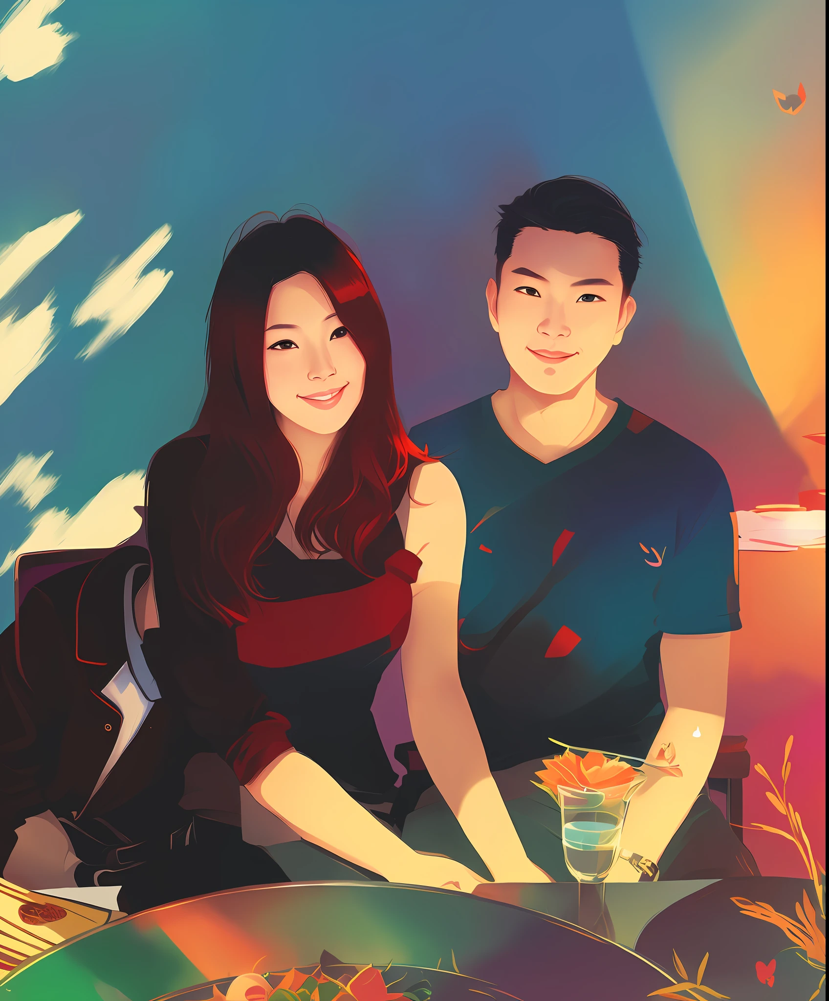 there is a man and woman sitting next to each other at a table,Asian couple , anime lovely couple, rick dai, loish and ross tran ,8k.