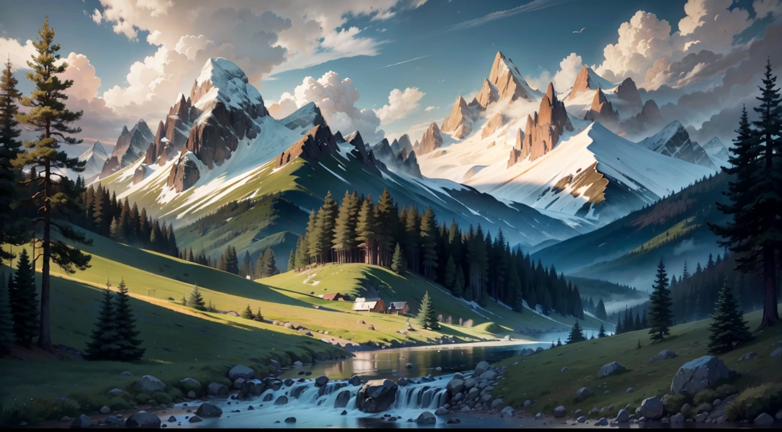Landscape with mountains, stream, pine trees and clouds