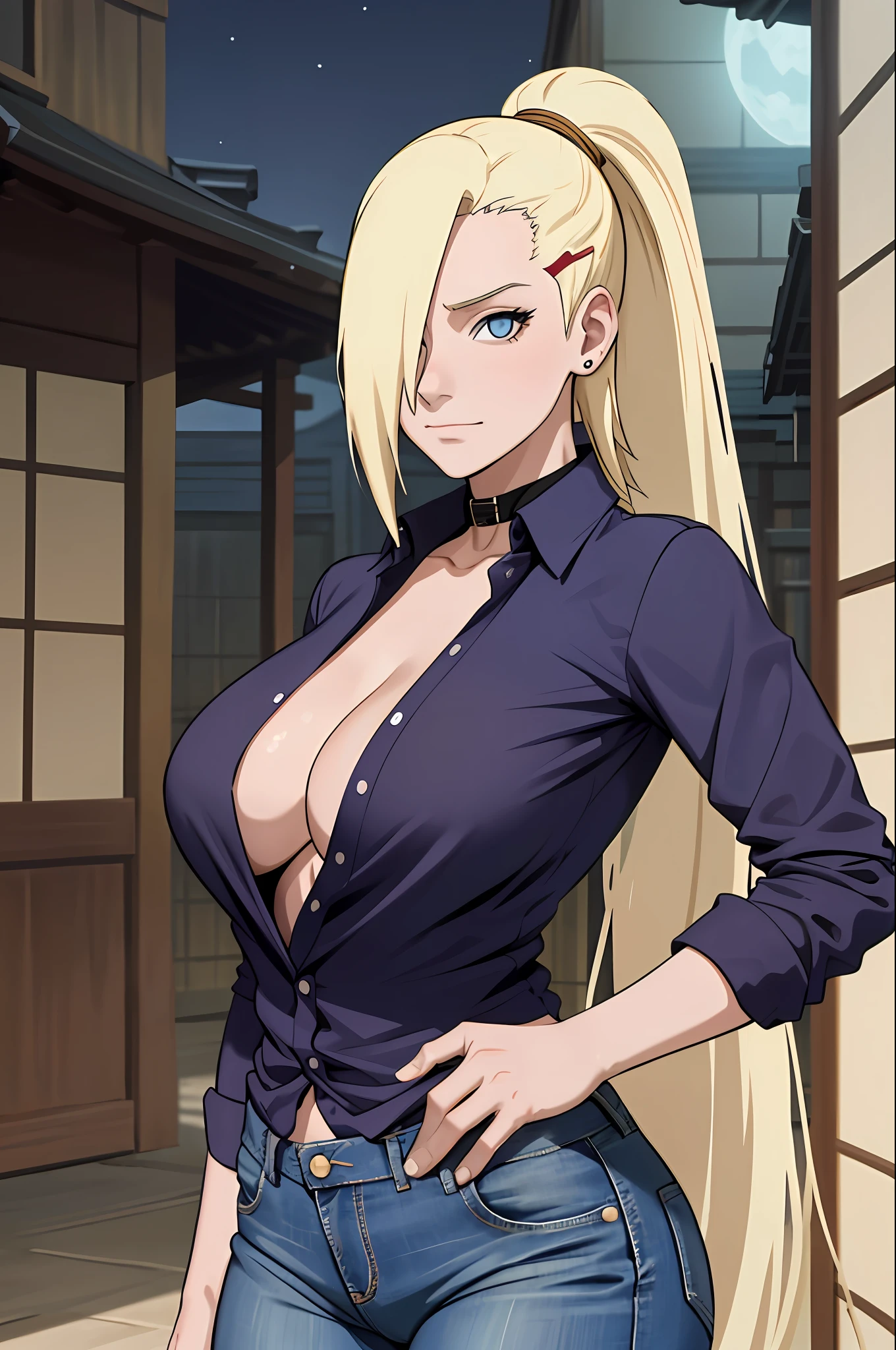 masterpiece, night, Yamanaka Ino, 1girl, solo, long hair, blonde hair, blue eyes, looking at the viewer, hair between eyes, closed mouth, smirk, unbuttoned shirt with collar, jeans, big breasts, female groin, big ass, chubby legs