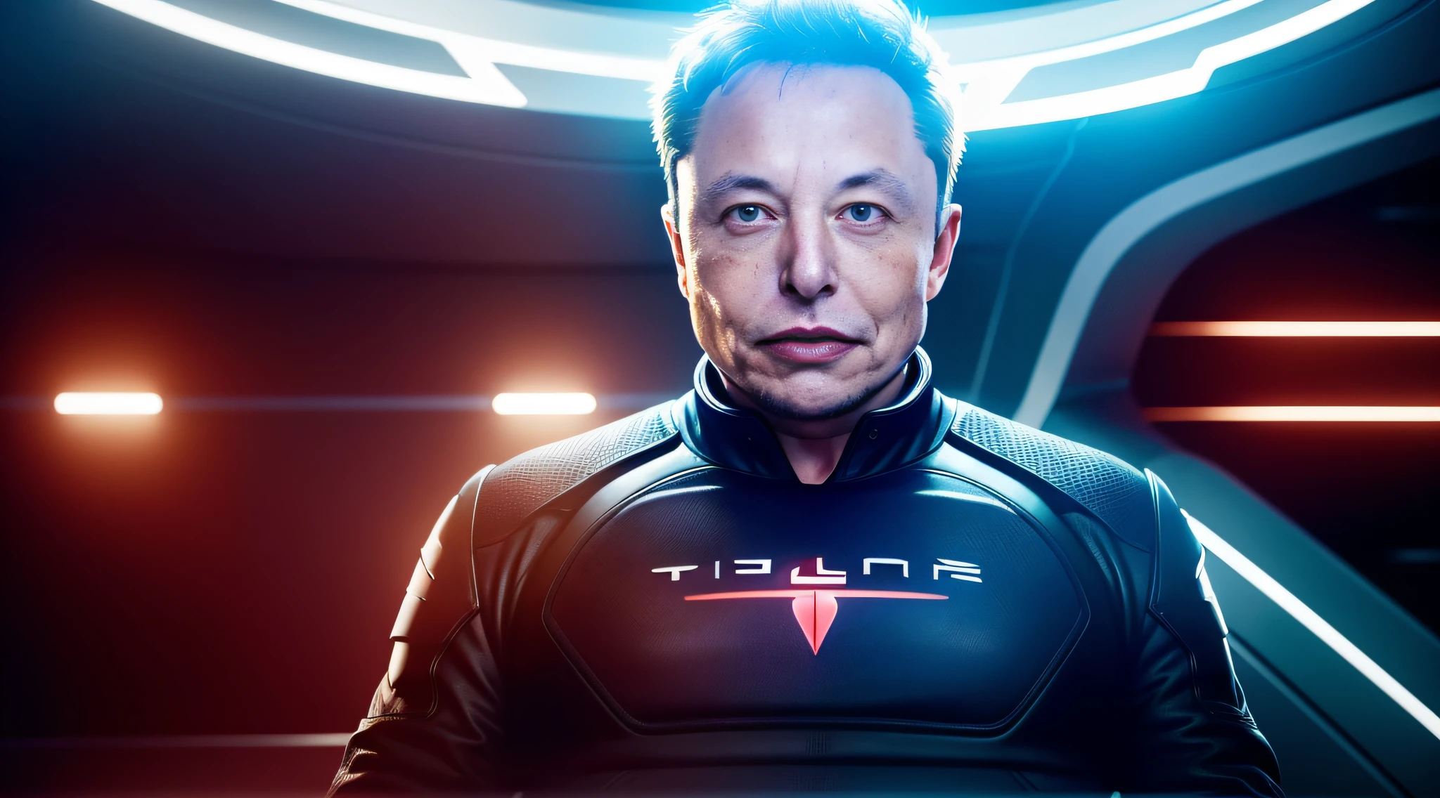 Elon Musk's face displaying an absolutely intense surprise. His eyes are wide, his eyebrows raised to the maximum, revealing extreme astonishment. His mouth is open in a perfect "O" of surprise, conveying a state of absolute shock. The lines on your face show the tension and intensity of the emotion. The surrounding environment is futuristic and technological, with control panels and advanced devices. The lighting is intense, highlighting every detail of Elon Musk's expression. The scene conveys a unique moment of discovery or impactful revelation. Digital painting, using contrasting tones and bold brushstrokes, emphasizing the expression of surprise and capturing the intensity of the moment, --ar 16:9 --v 5