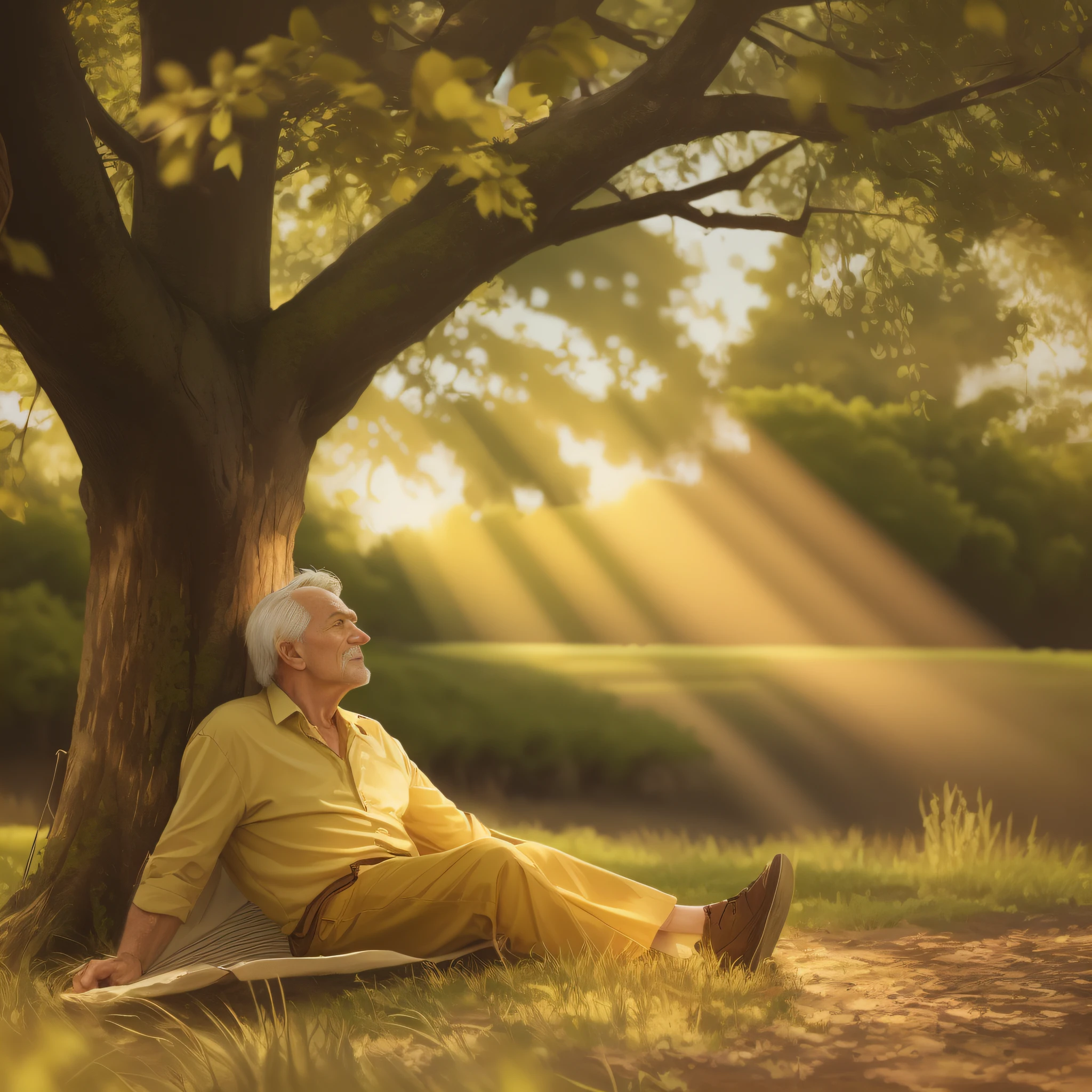 70 year old man sitting under a tree in a field with a blanket, sitting under a tree, lying under a tree on a farm, sitting in a field, next to a tree, radiant morning light, reading under a tree, golden morning time, summer morning light, relaxing, beautiful picture, last photo, beautiful sunny day, dramatic warm morning light