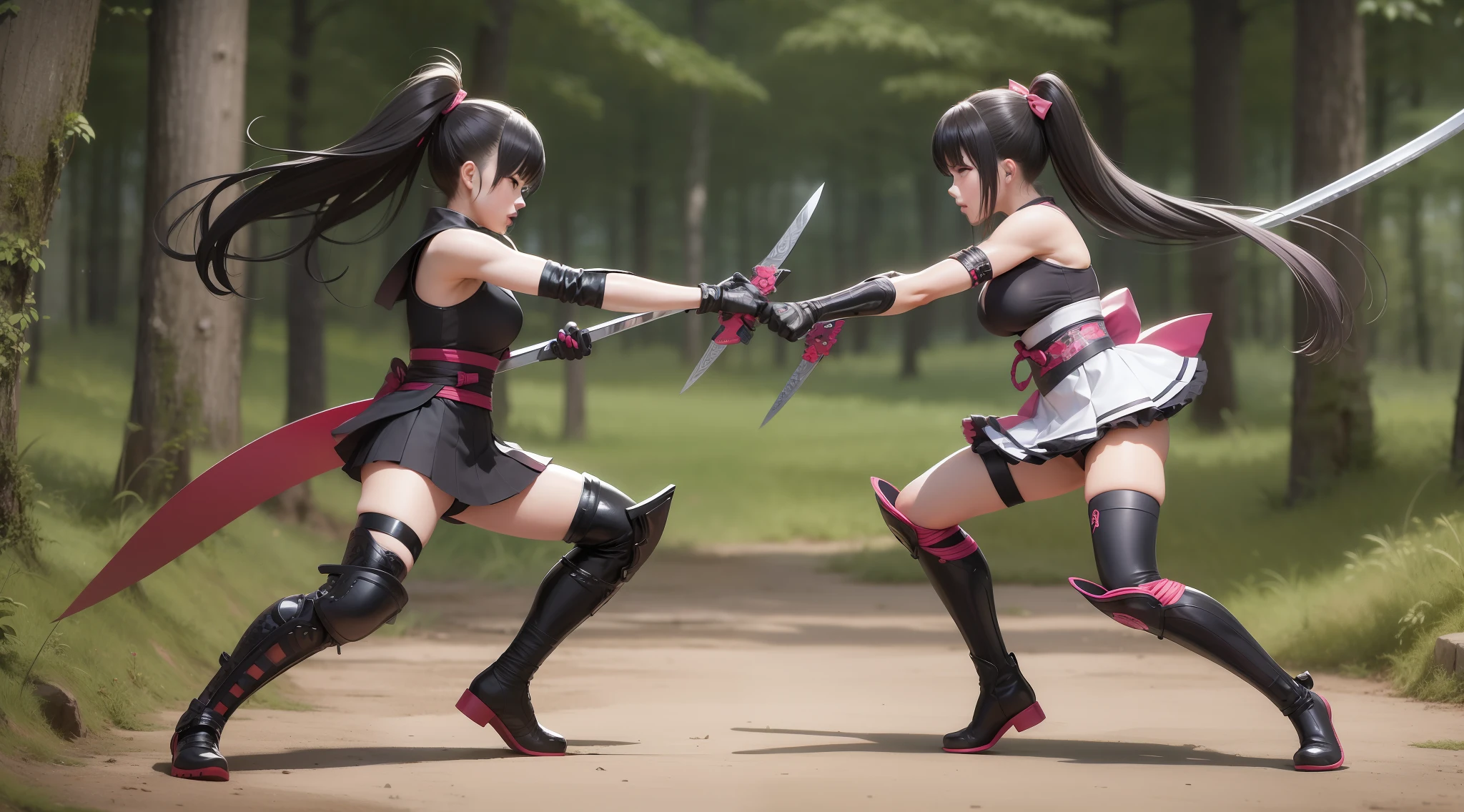 full body, two female ninja standing, fighting each other with sword, intense death match battle until one of them killed, They are wearing safe for work, different pattern on short kimono, detached sleeves, long gloves, short skirt, thigh high, and boots. Different long hair, different expression, proper and detailed face, with correct anatomy. Setting at lush forest.