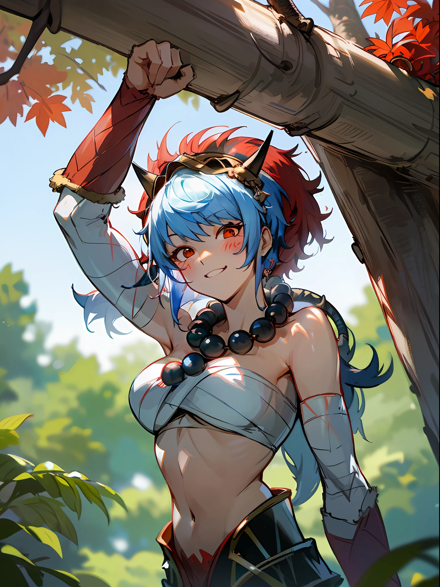 "Upside-down on a tree with a dynamic angle, Rinkah from #FireEmblem appears with a wide grin on her face. Her royal blue hair looks stunning against the foliage background in this shot 😨😨😨. (Rinkah:1.3)"