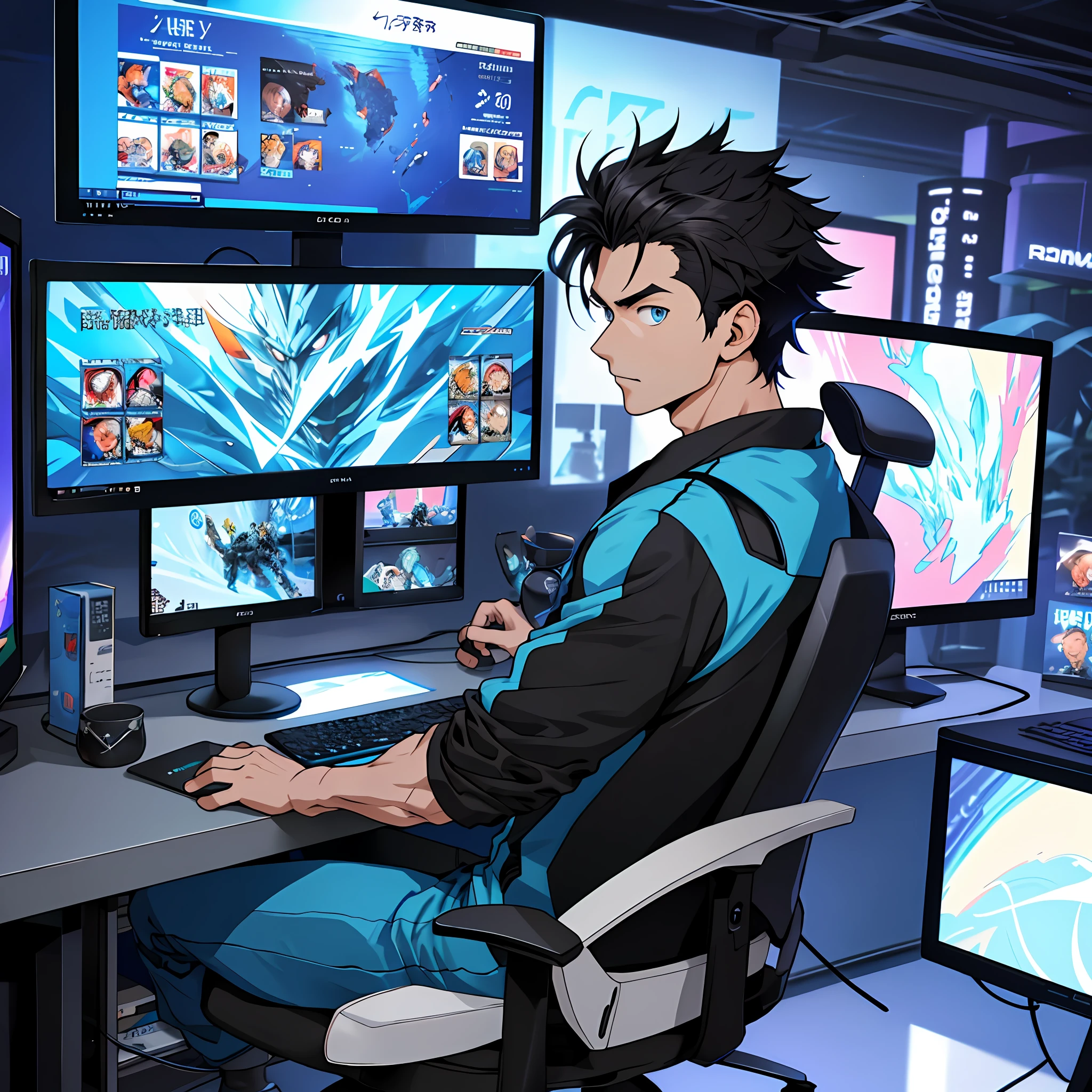 Best quality: 1.0), (Super High Resolution: 1.0), Anime boy, short black hair, blue eyes, sitting in front of computer playing games, background in esports room,