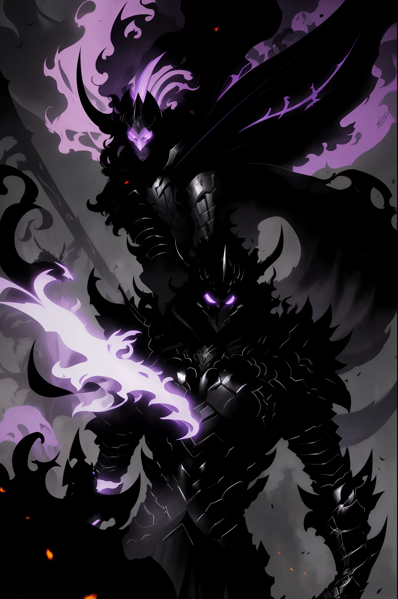 8k portrait of the shadow knight Igris ( Solo Leveling ) undead full-length with purple flame and black slender long body, wearing a helmet, the back of the helmet develops a high long tail of red hair, the eyes burn purple, goes to the viewer, full-length, the background is a dark throne room, a masterpiece with high detail, highly detailed anime style, majestic, art by Artgerm, Ruan Jia and Greg Rutkowski, Igris ( Solo Leveling ), Solo Leveling, Igris, Shadow Dark Knight, Demonic Death Knight, Evil Knight