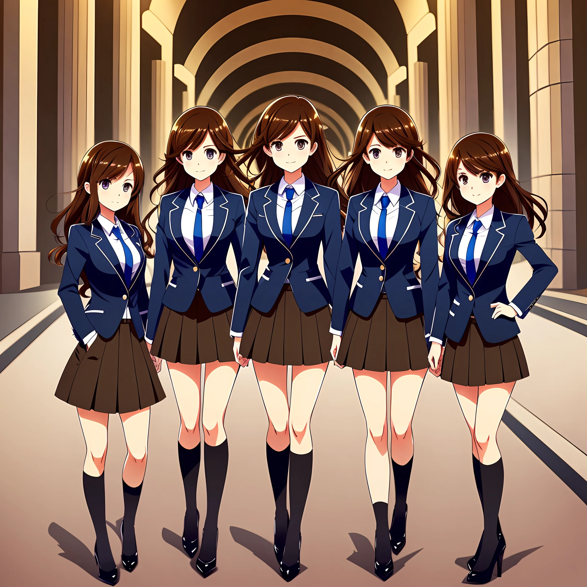 perfect anime illustration, brown hair, wavy hair, hazel eyes, 1girl, blue skirt suit, black high heels, businesswoman, highres, full body, thousands of girls, identical sisters, matching outfits, matching hairstyles, matching faces, group photo