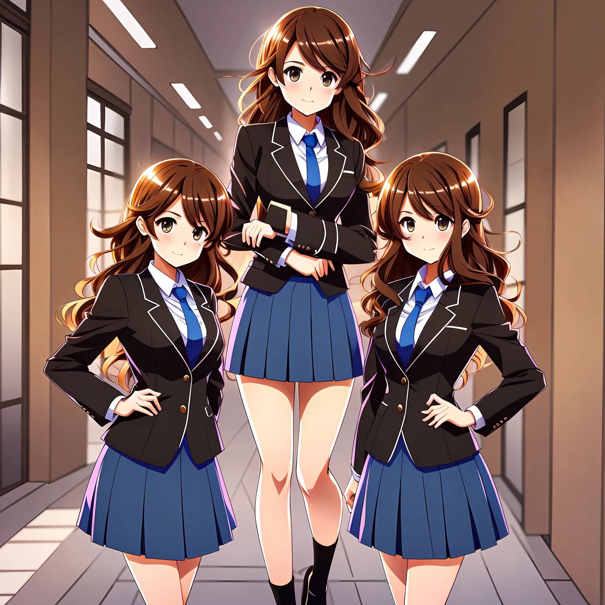 perfect anime illustration, brown hair, wavy hair, hazel eyes, 1girl, blue skirt suit, black high heels, businesswoman, highres, full body, thousands of girls, identical sisters, matching outfits, matching hairstyles, matching faces, group photo