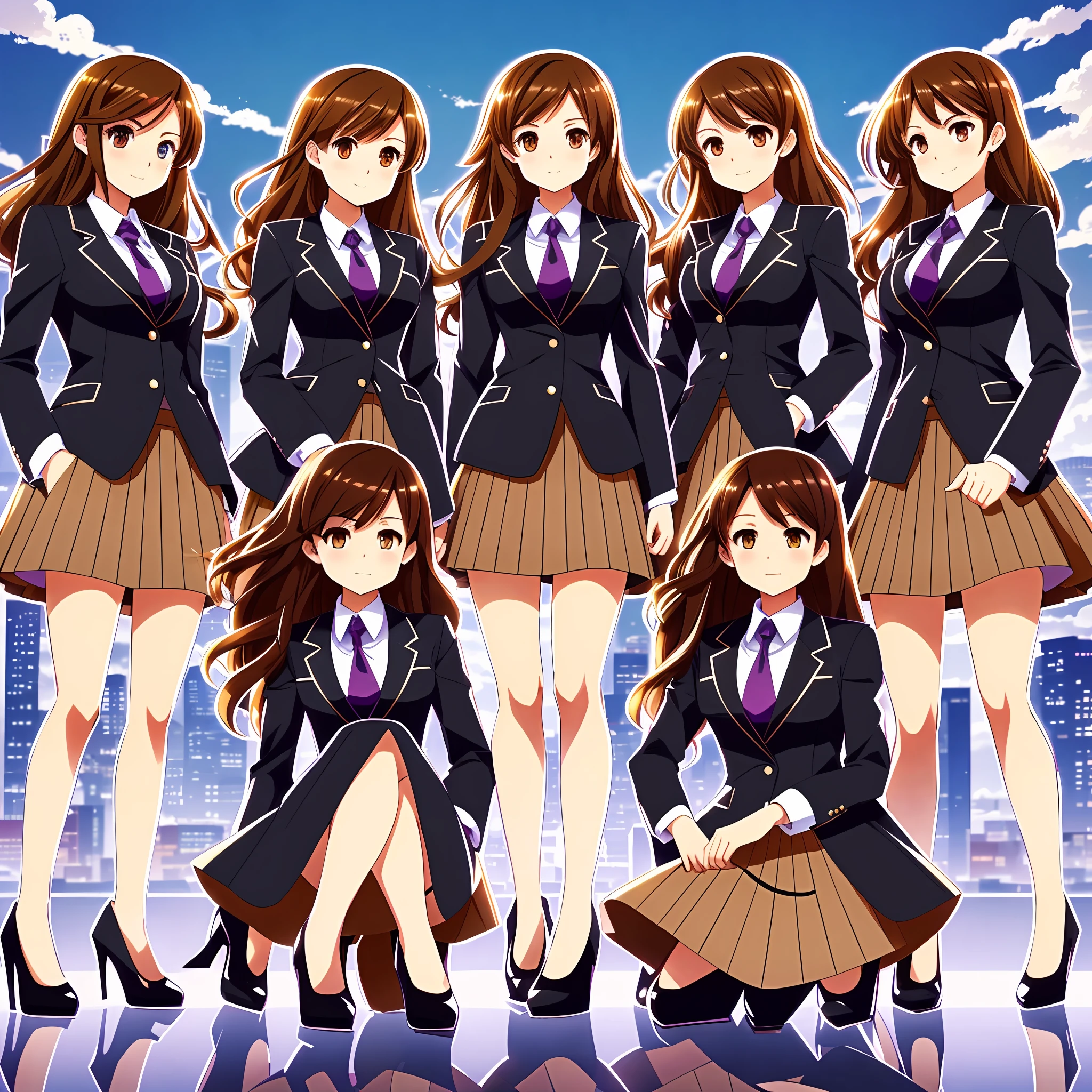 perfect anime illustration, brown hair, wavy hair, hazel eyes, 1girl, blue skirt suit, black high heels, businesswoman, highres, full body, thousands of girls, identical sisters, matching outfits, matching hairstyles, matching faces, group photo