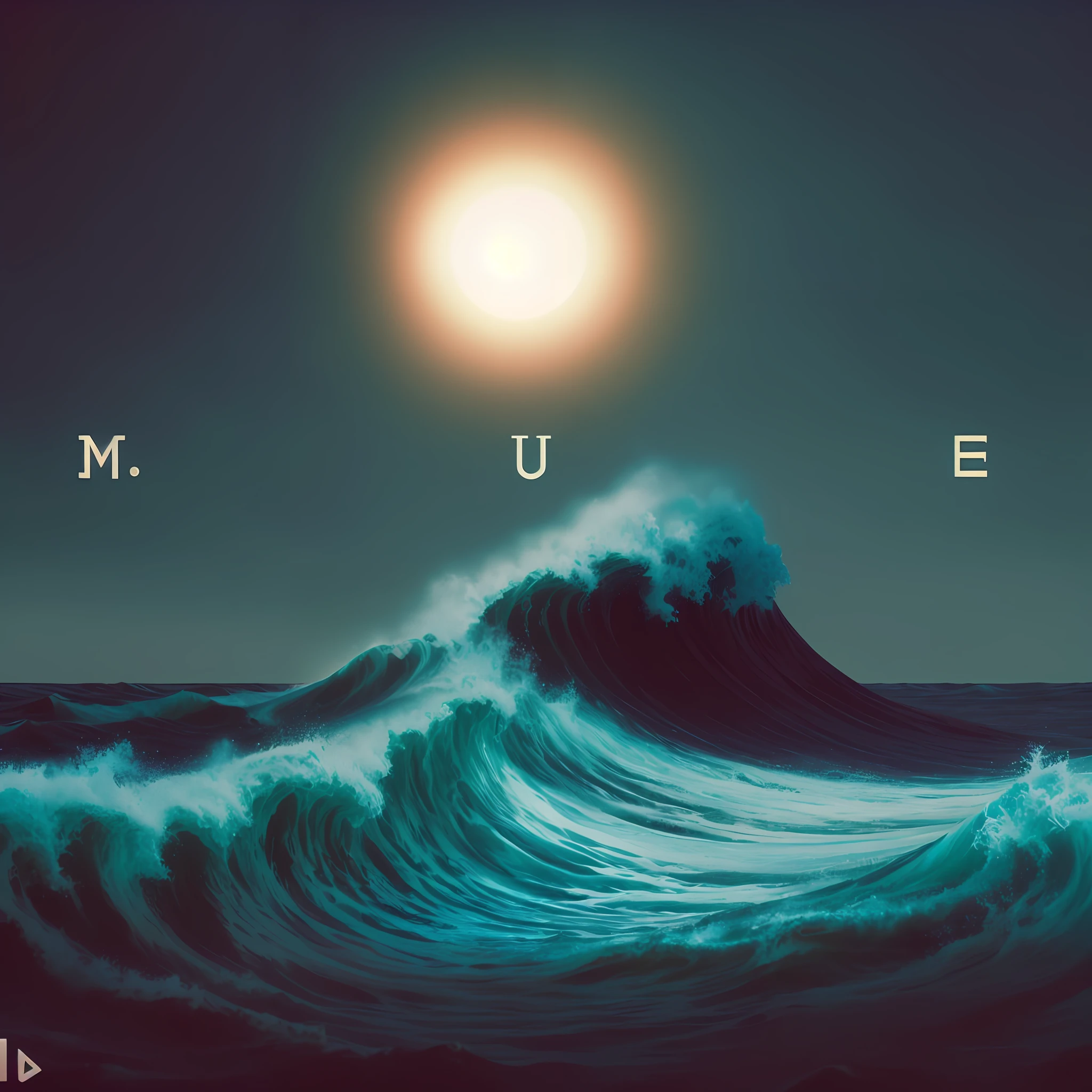 a close up of a wave with the sun in the background, söma, with the title Soma, wave, vaporwave surreal ocean, music album cover, flume cover art, vaporwave ocean, music album art, epic music album cover, maybe small waves, matt mute colour background, mutiversal tsunami, album cover concept art, epic album art cover, waves, vue render, mule